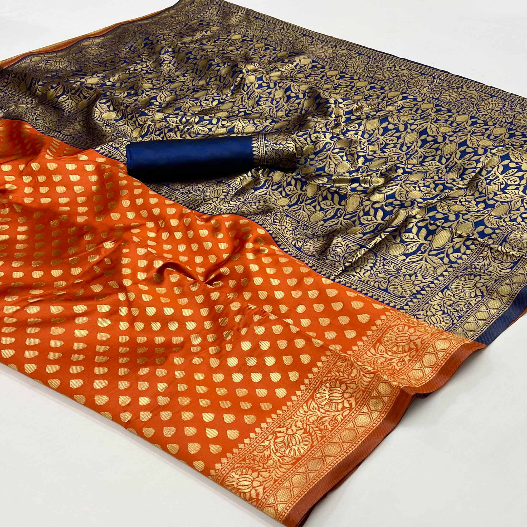 Orange Floral Woven Banarasi Silk Saree