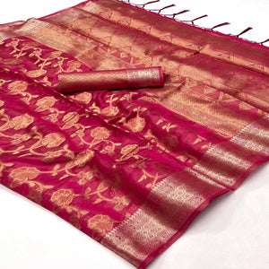 Rani Pink Floral Woven Organza Saree