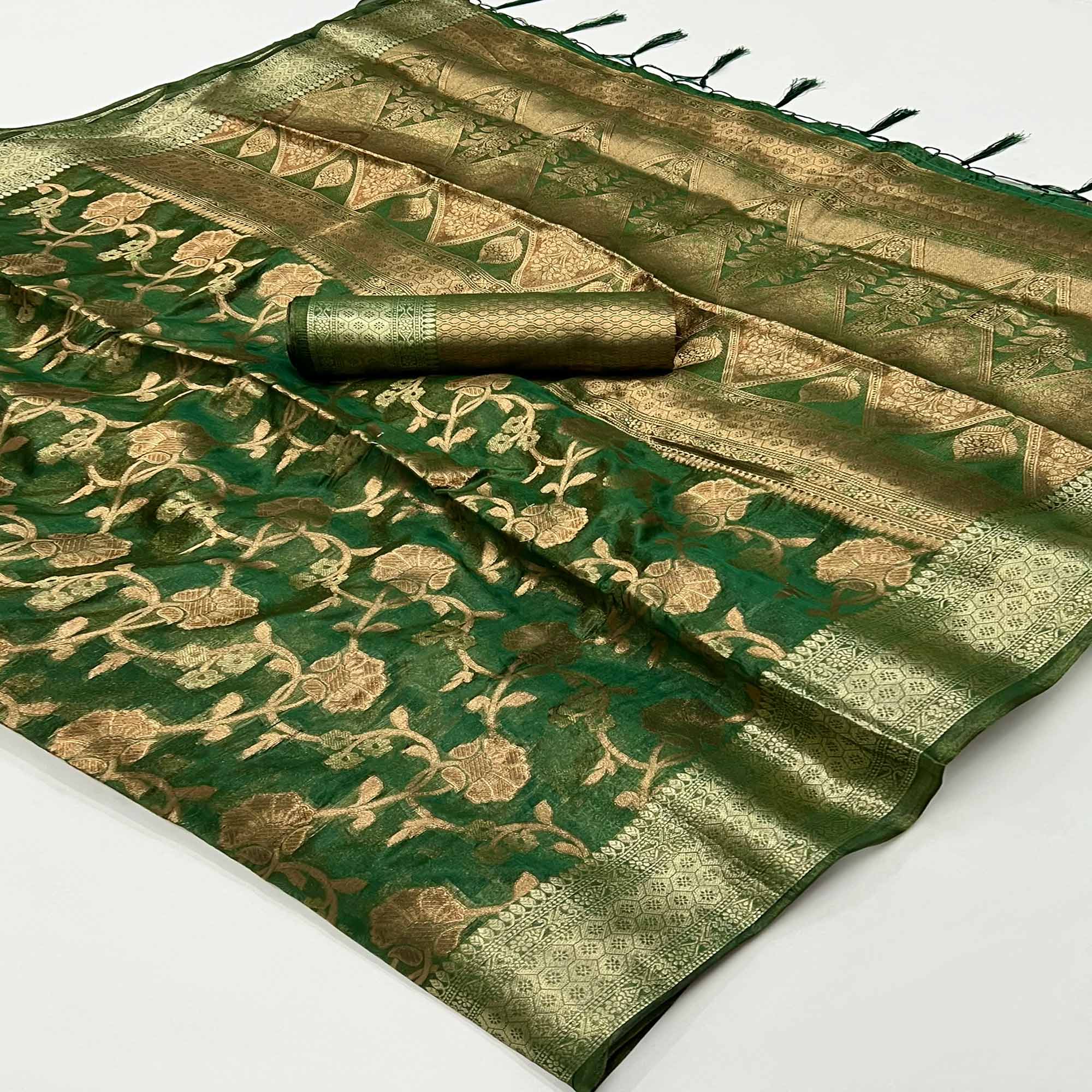 Green Floral Woven Organza Saree