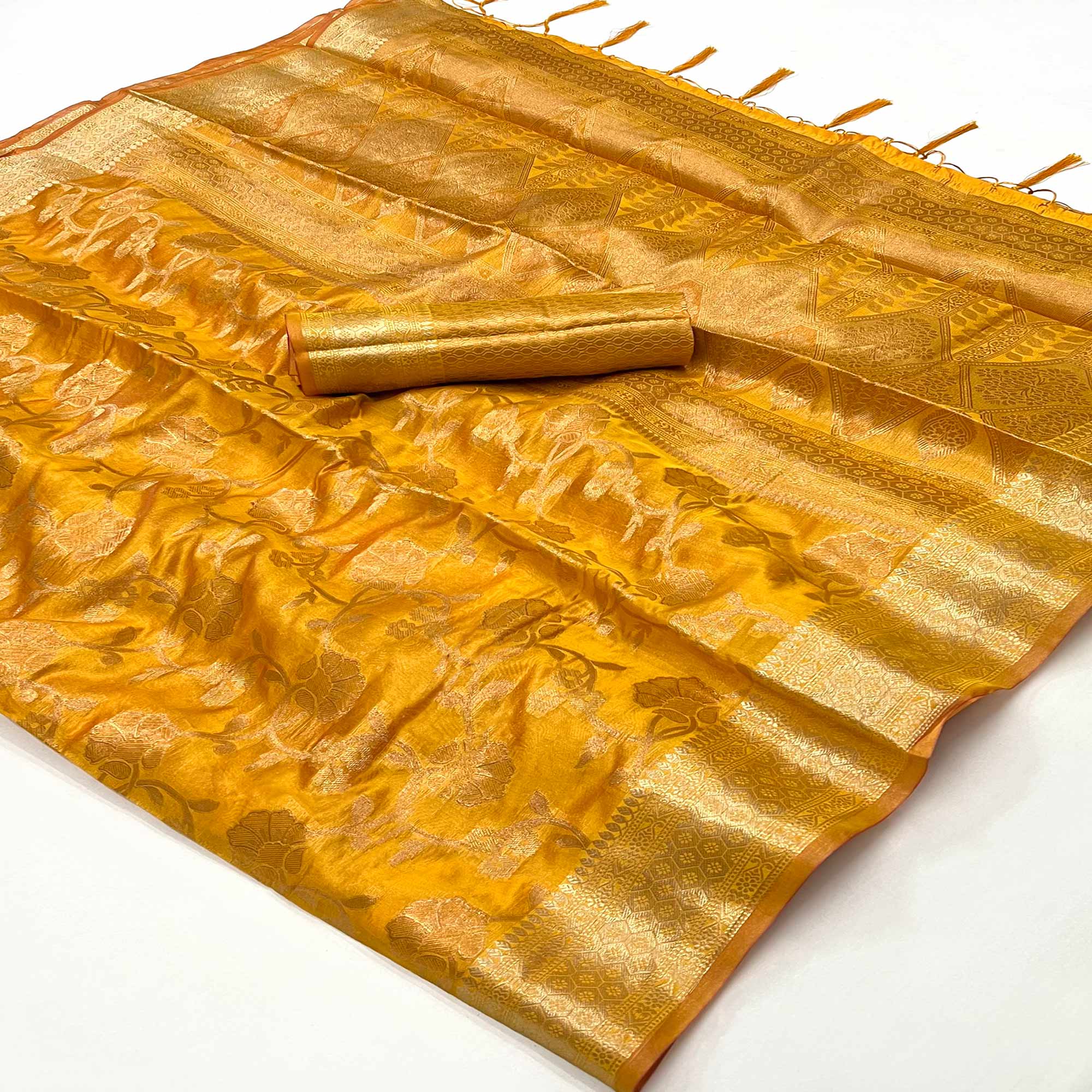 Yellow Floral Woven Organza Saree