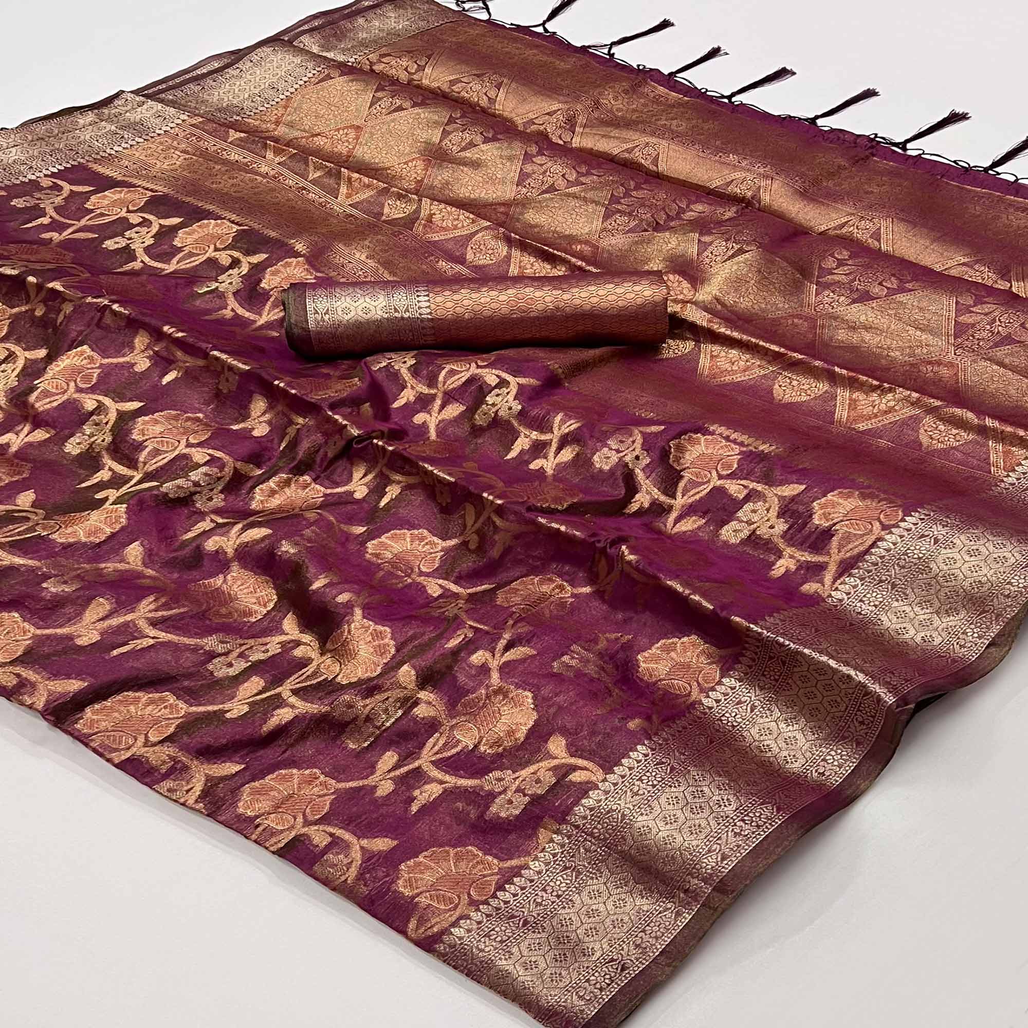 Wine Floral Woven Organza Saree