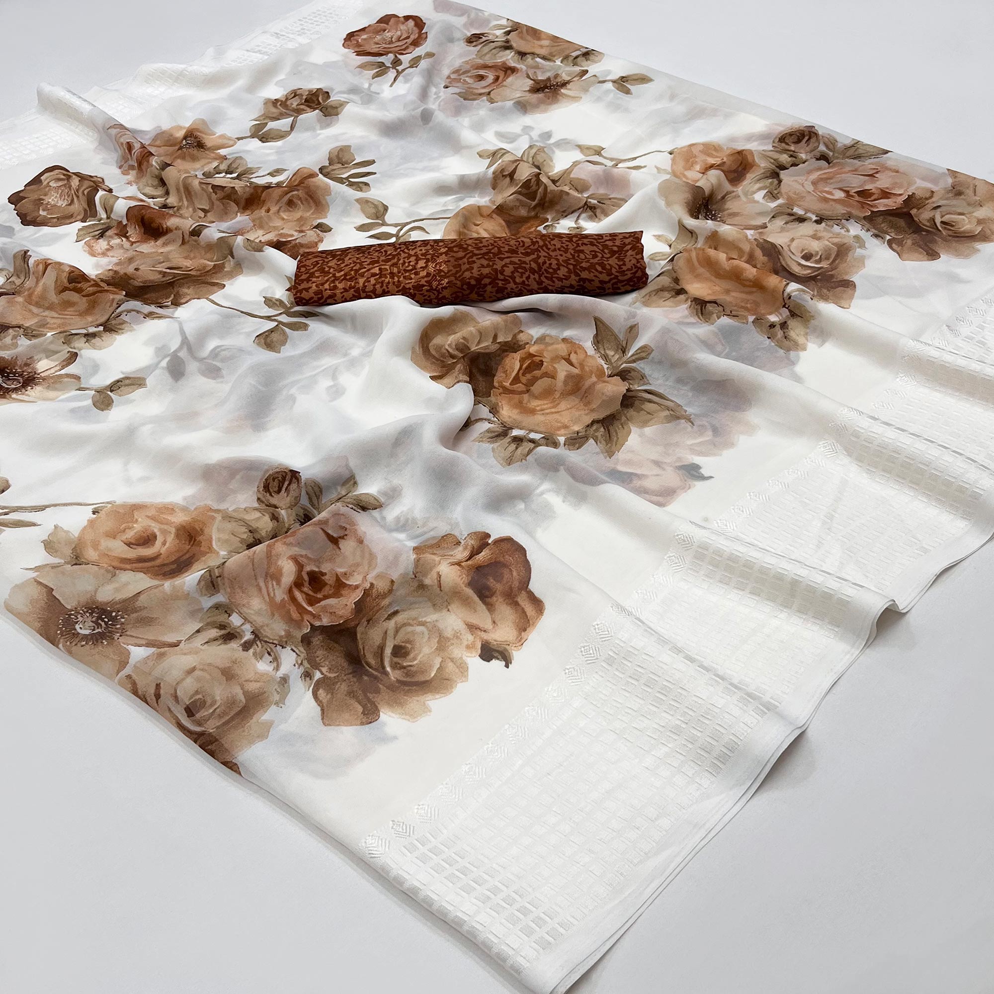 White & Brown Floral Printed Georgette Saree