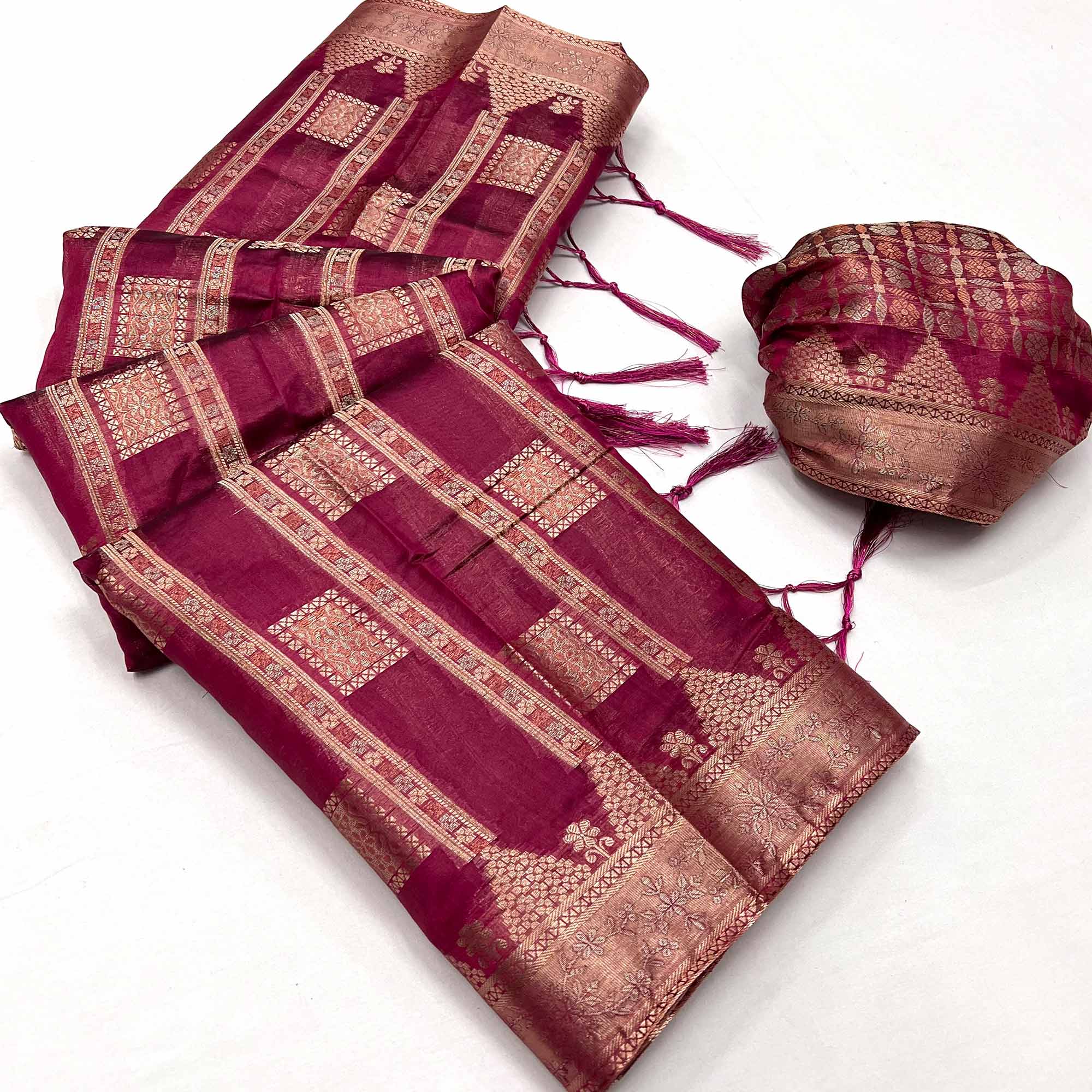 Wine Woven Cotton Blend Saree With Tassels