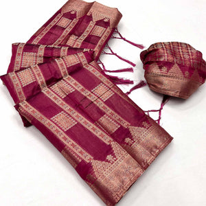 Wine Woven Cotton Blend Saree With Tassels