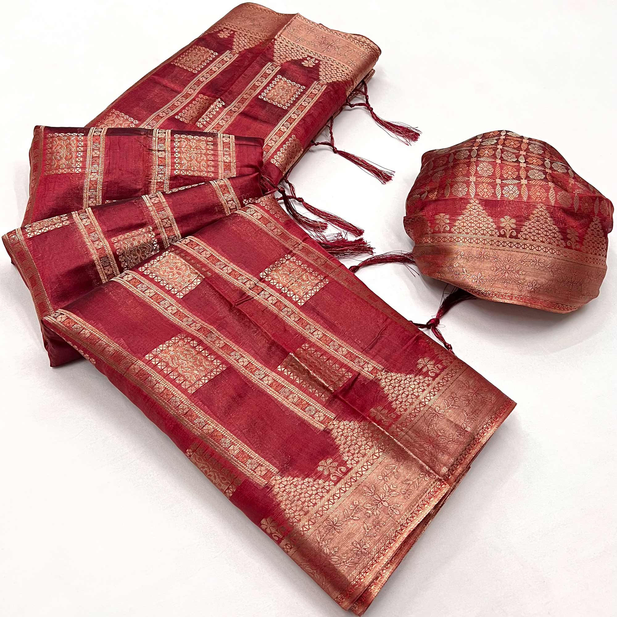 Red Woven Cotton Blend Saree With Tassels
