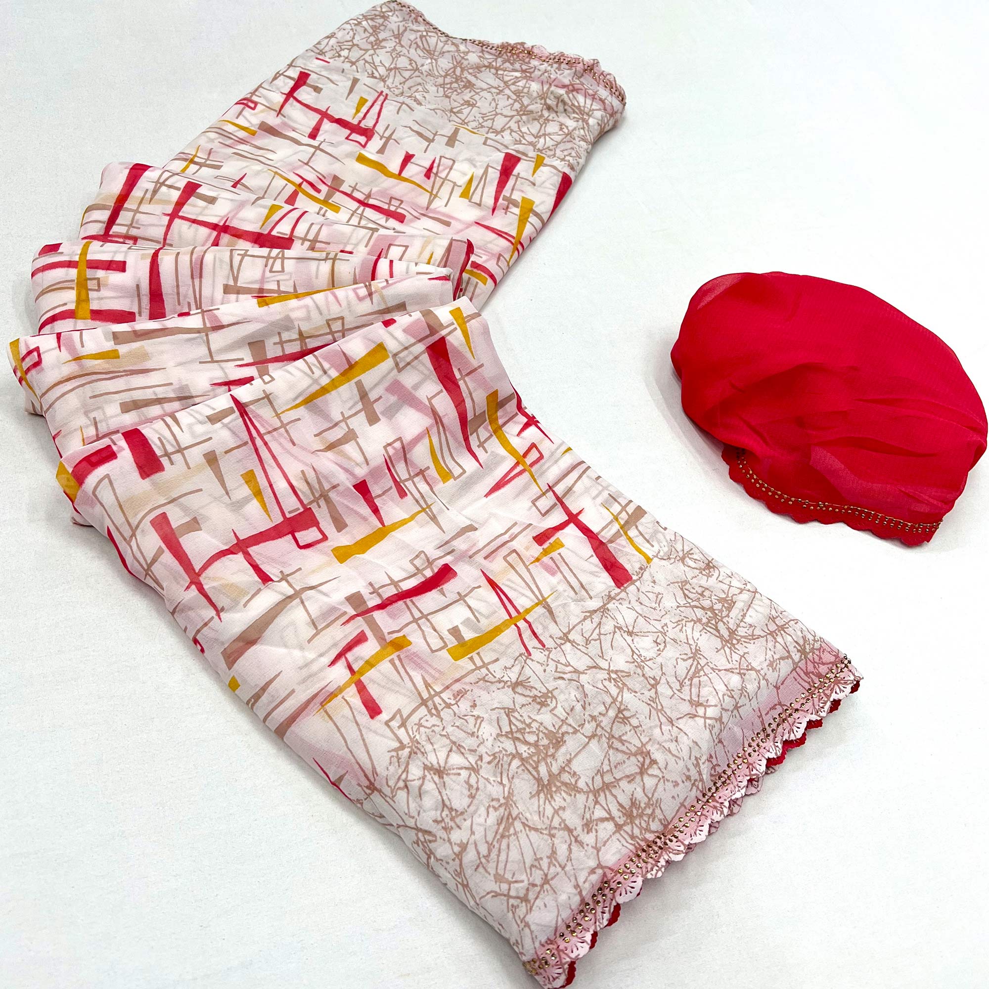White & Red Geometric Printed Georgette Saree