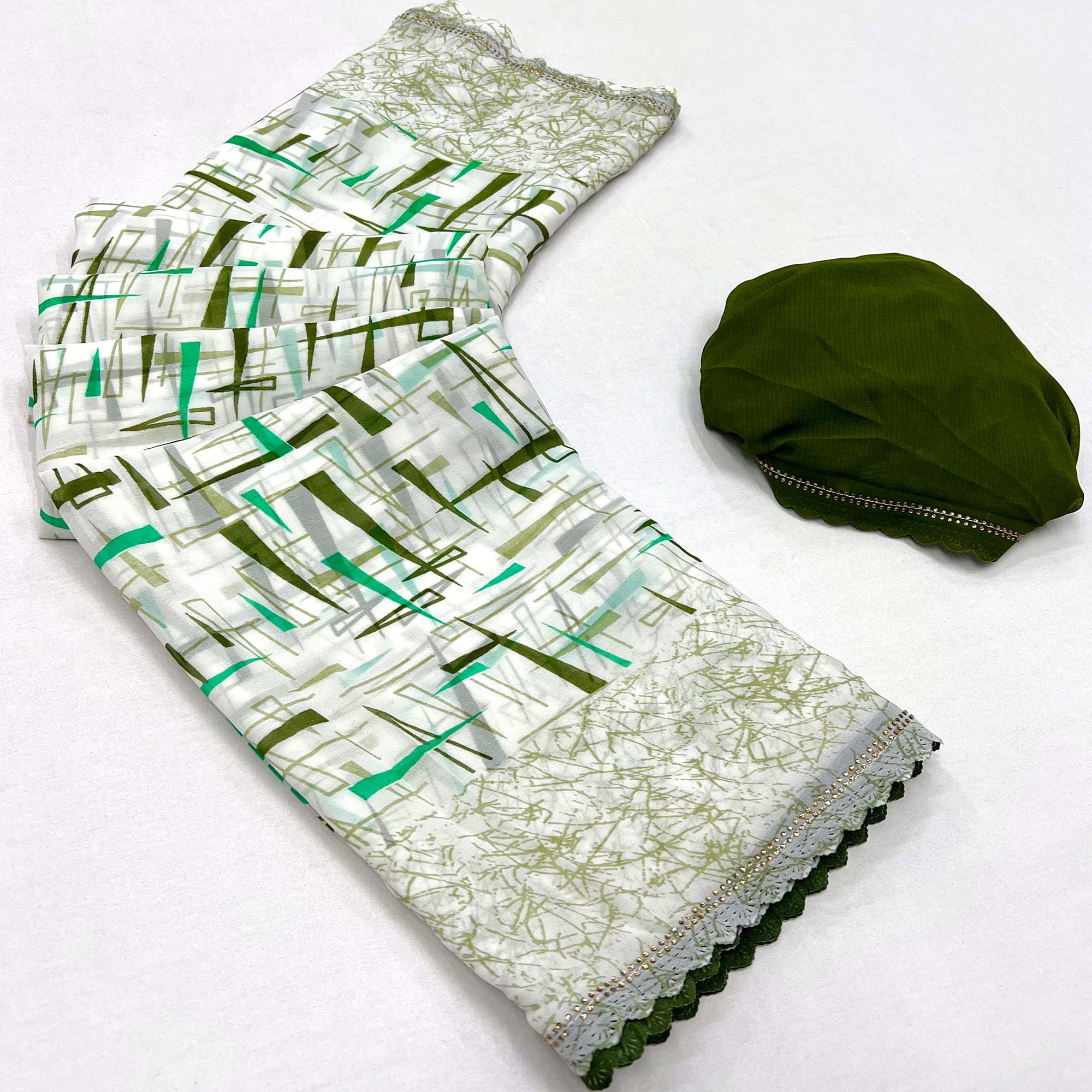 White & Green Geometric Printed Georgette Saree