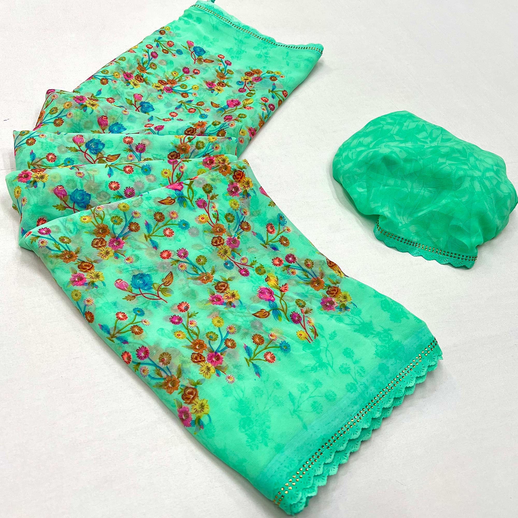 Sea Green Floral Printed Georgette Saree