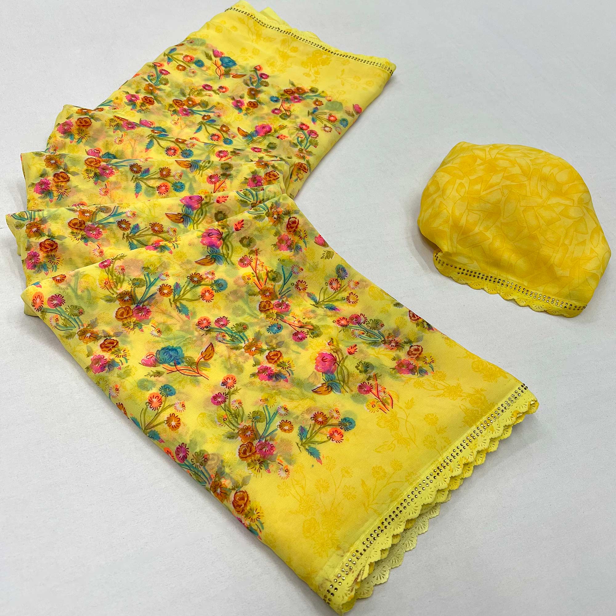 Yellow Floral Printed Georgette Saree