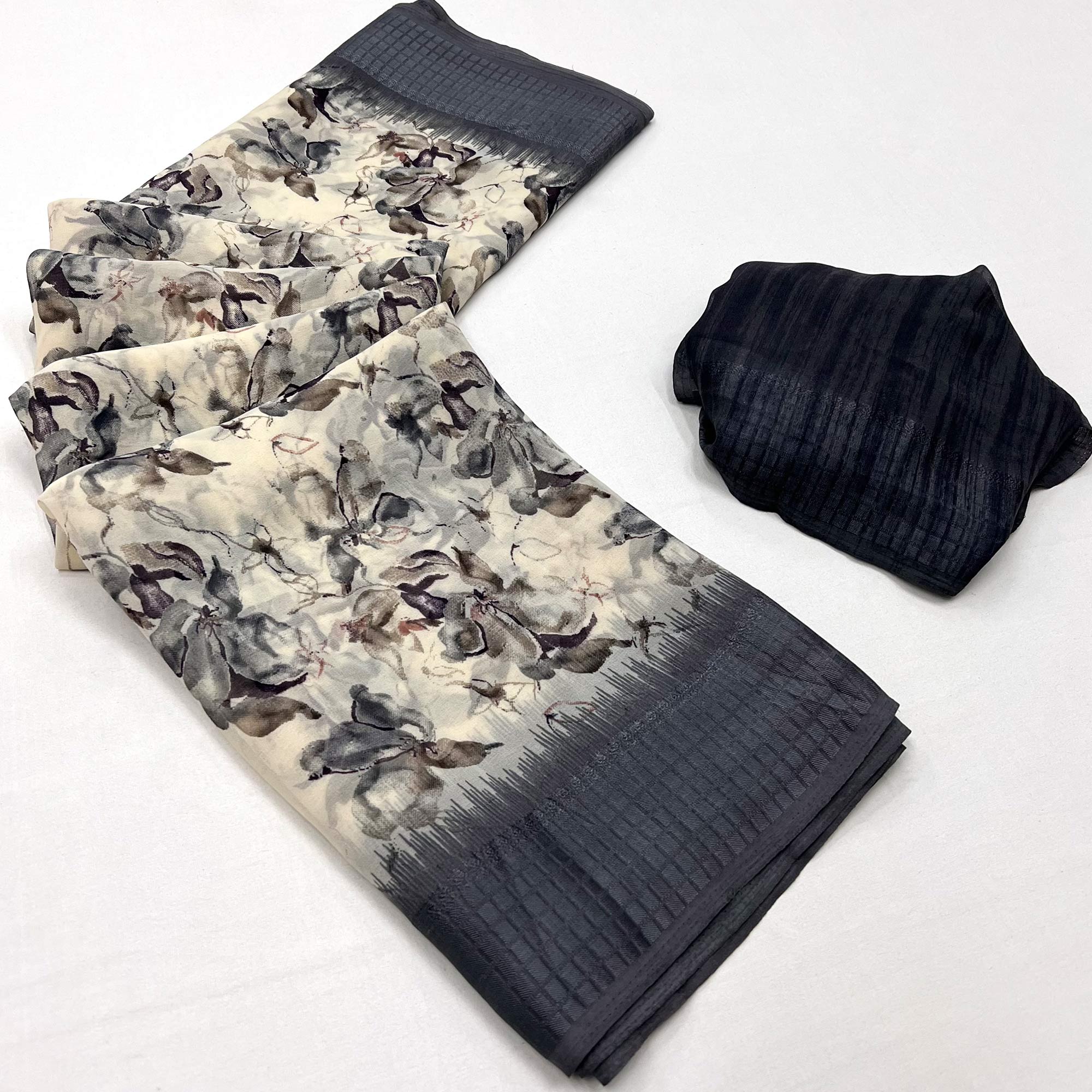 Grey Floral Printed Georgette Saree