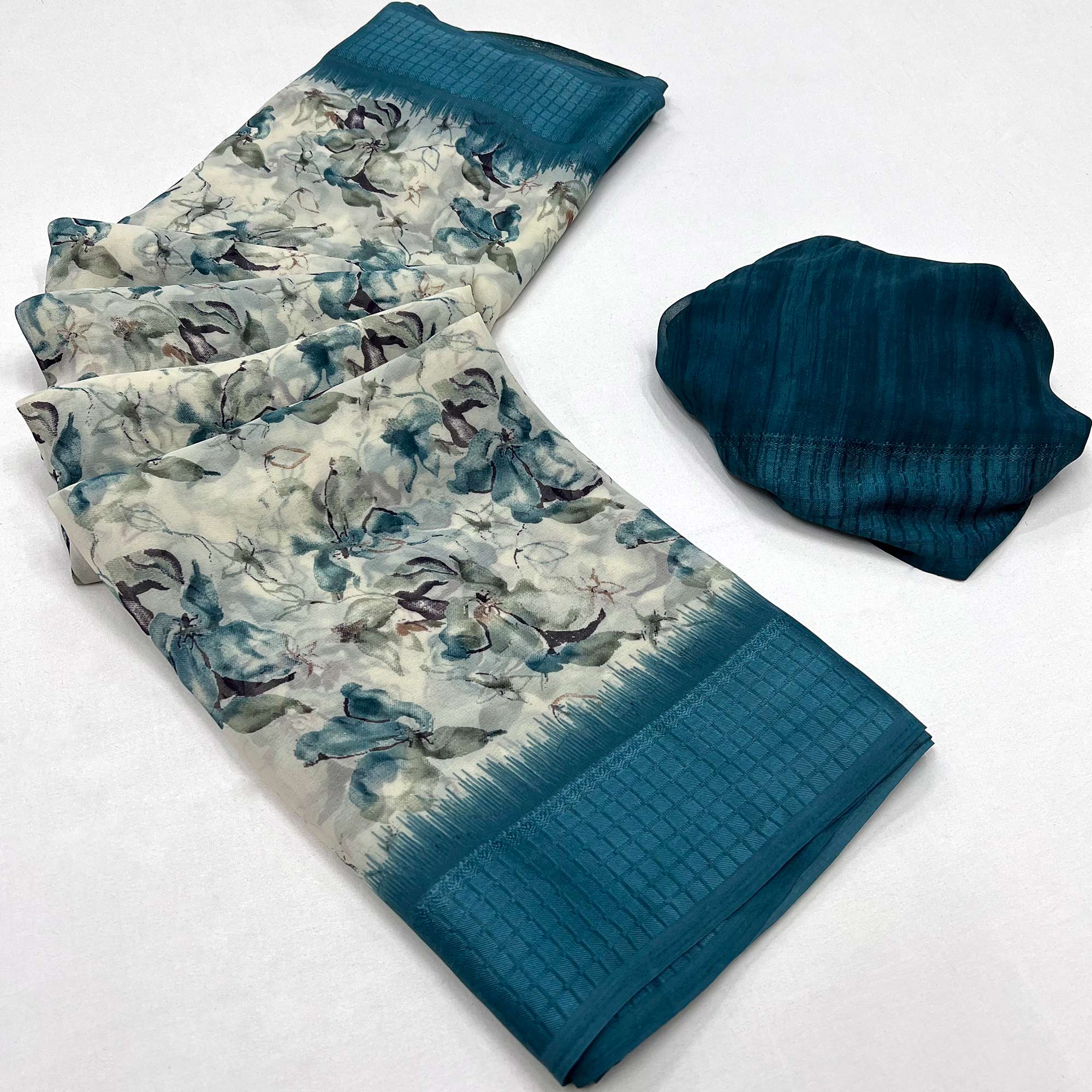 Blue Floral Printed Georgette Saree
