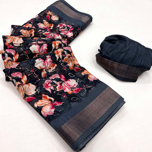 Black Floral Printed Cotton Blend Saree