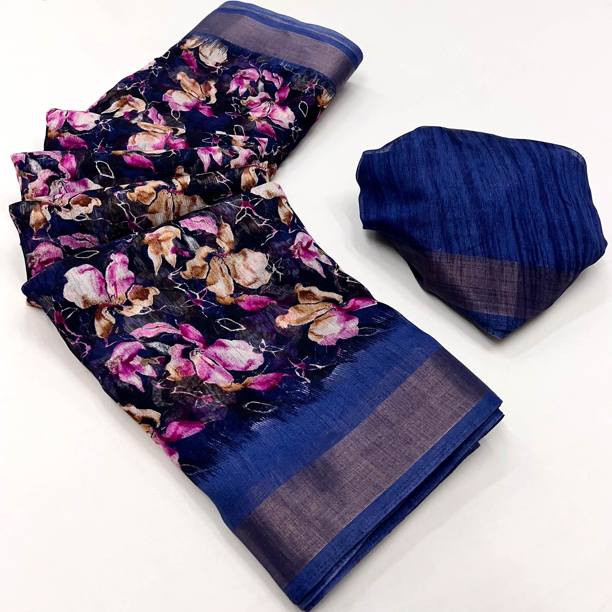 Royal Blue Floral Printed Cotton Blend Saree