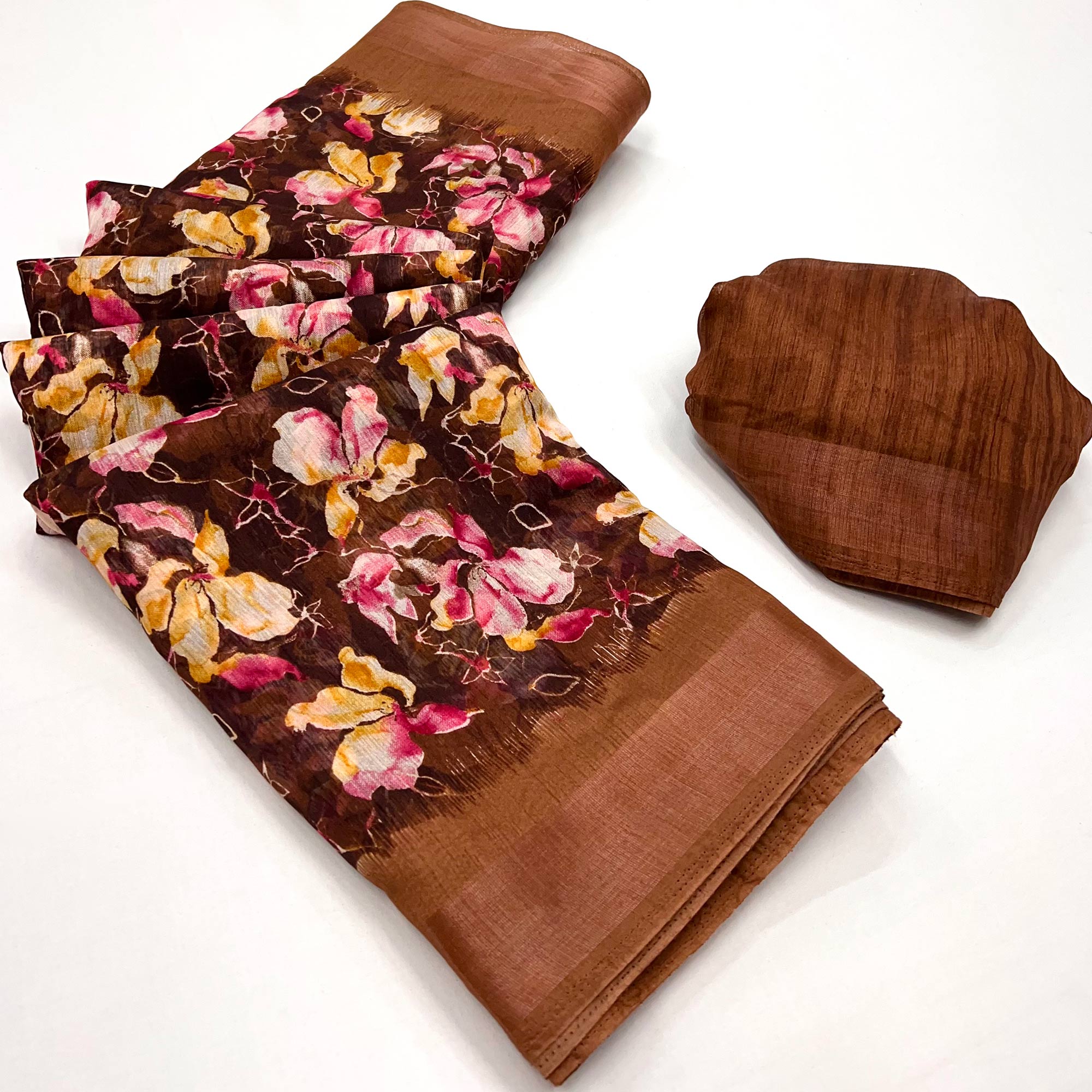 Brown Floral Printed Cotton Blend Saree