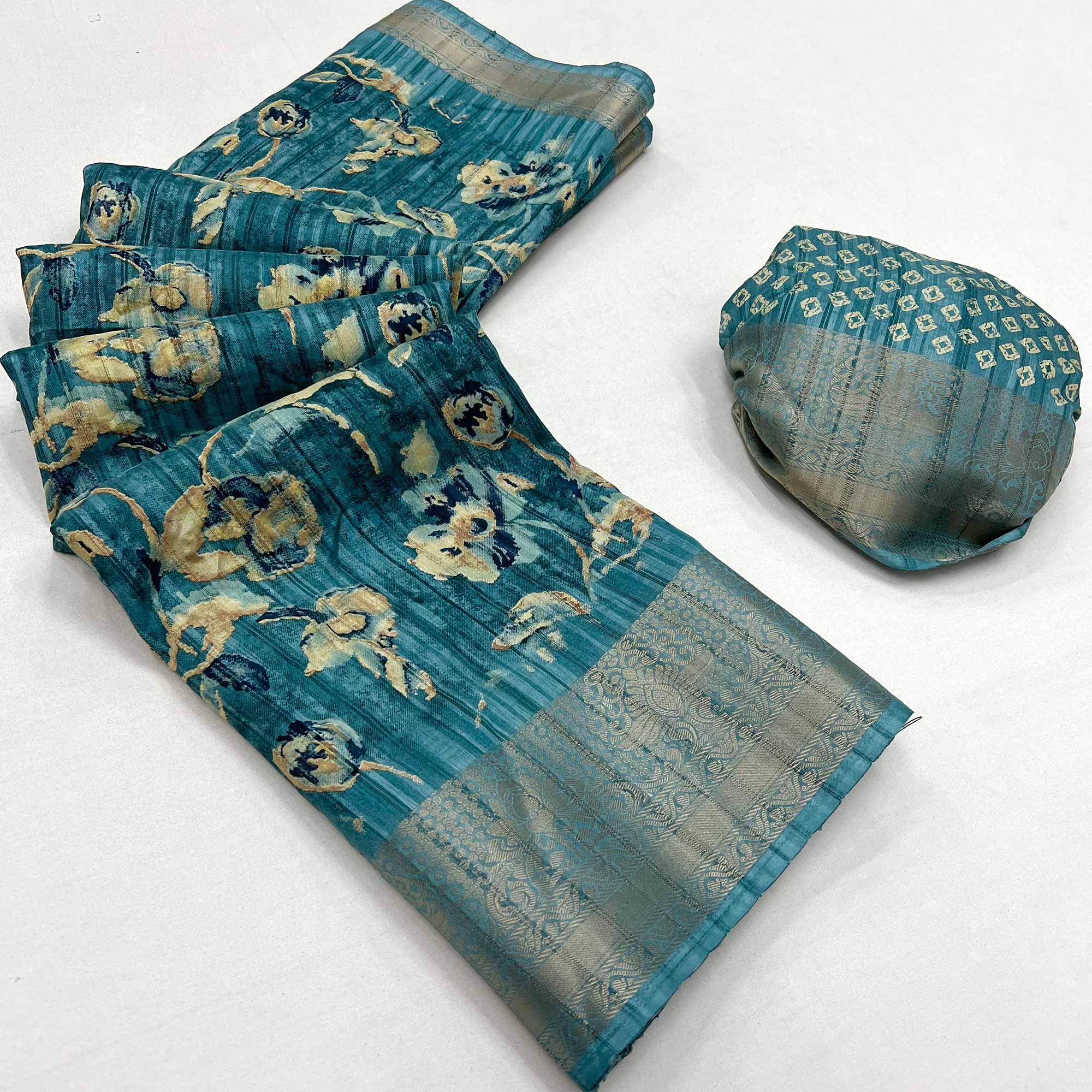 Blue Printed With Woven Border Cotton Blend Saree
