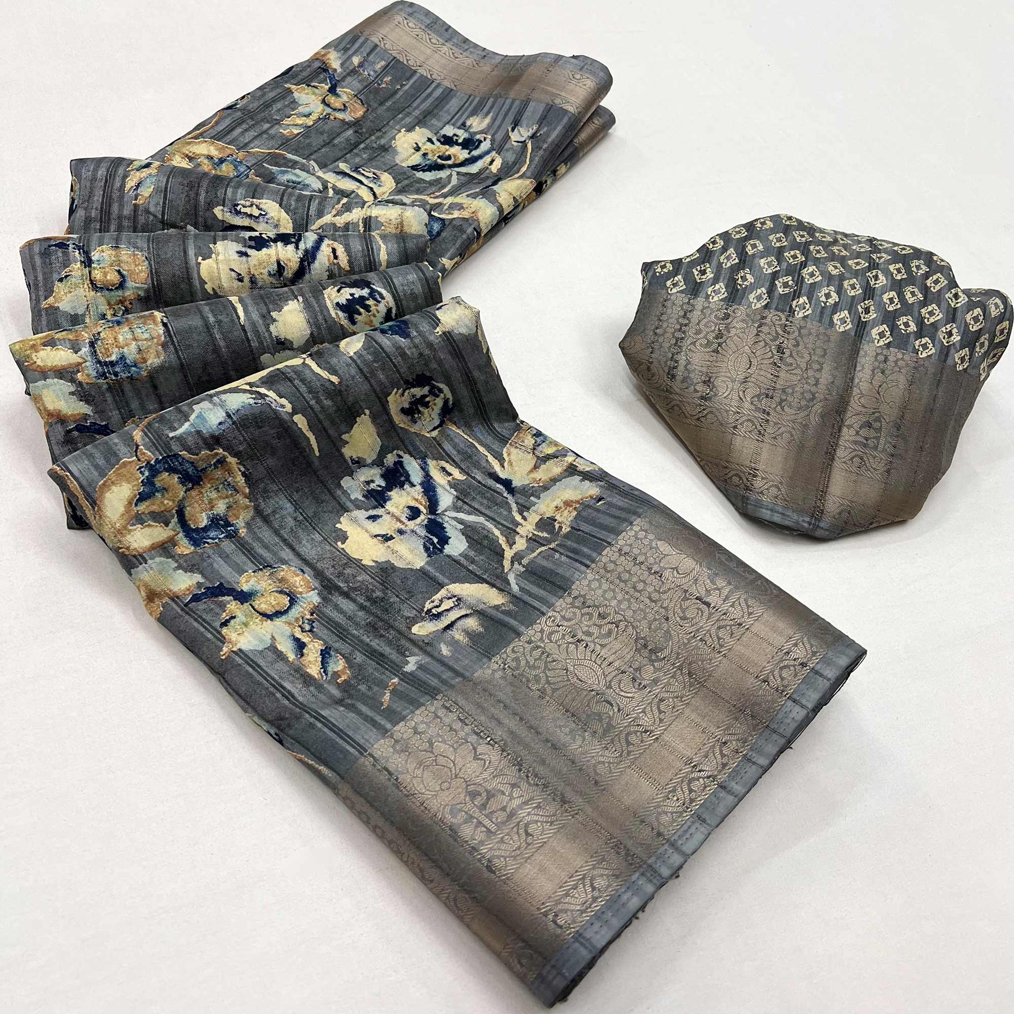 Grey Printed With Woven Border Cotton Blend Saree