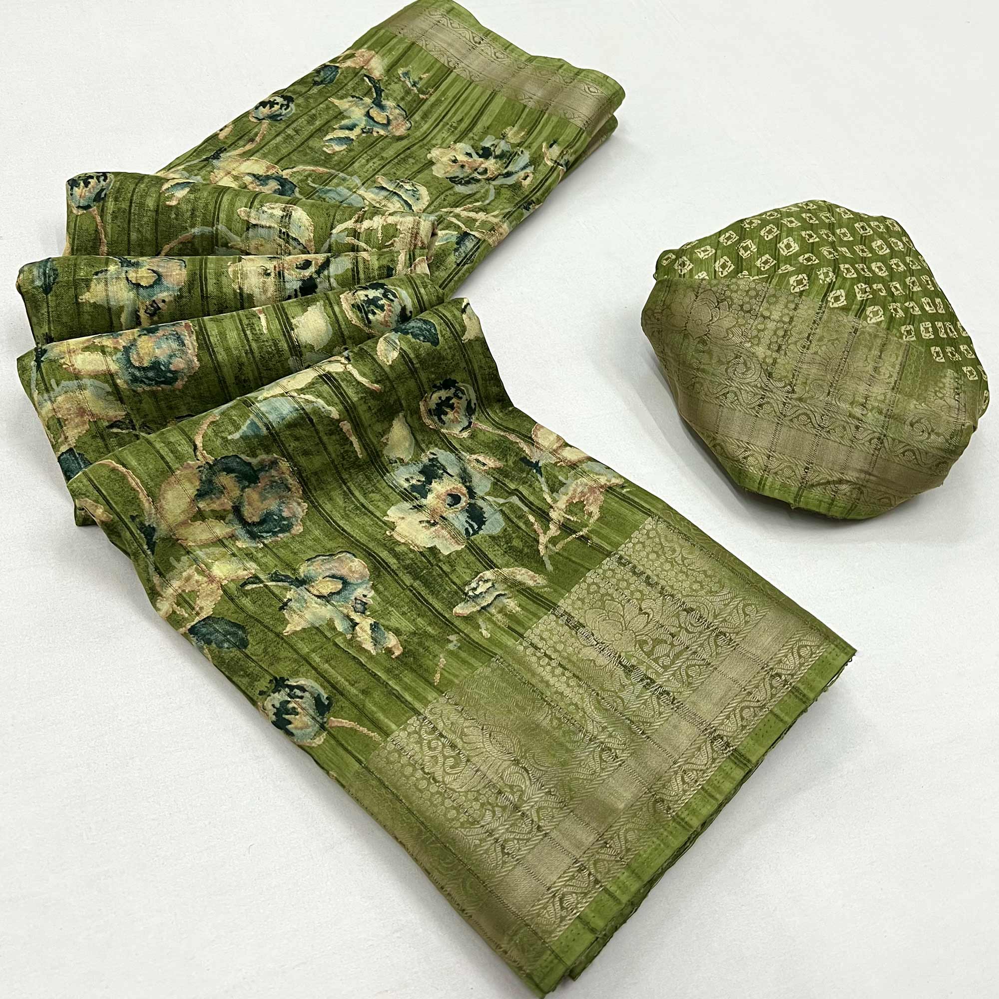 Green Printed With Woven Border Cotton Blend Saree