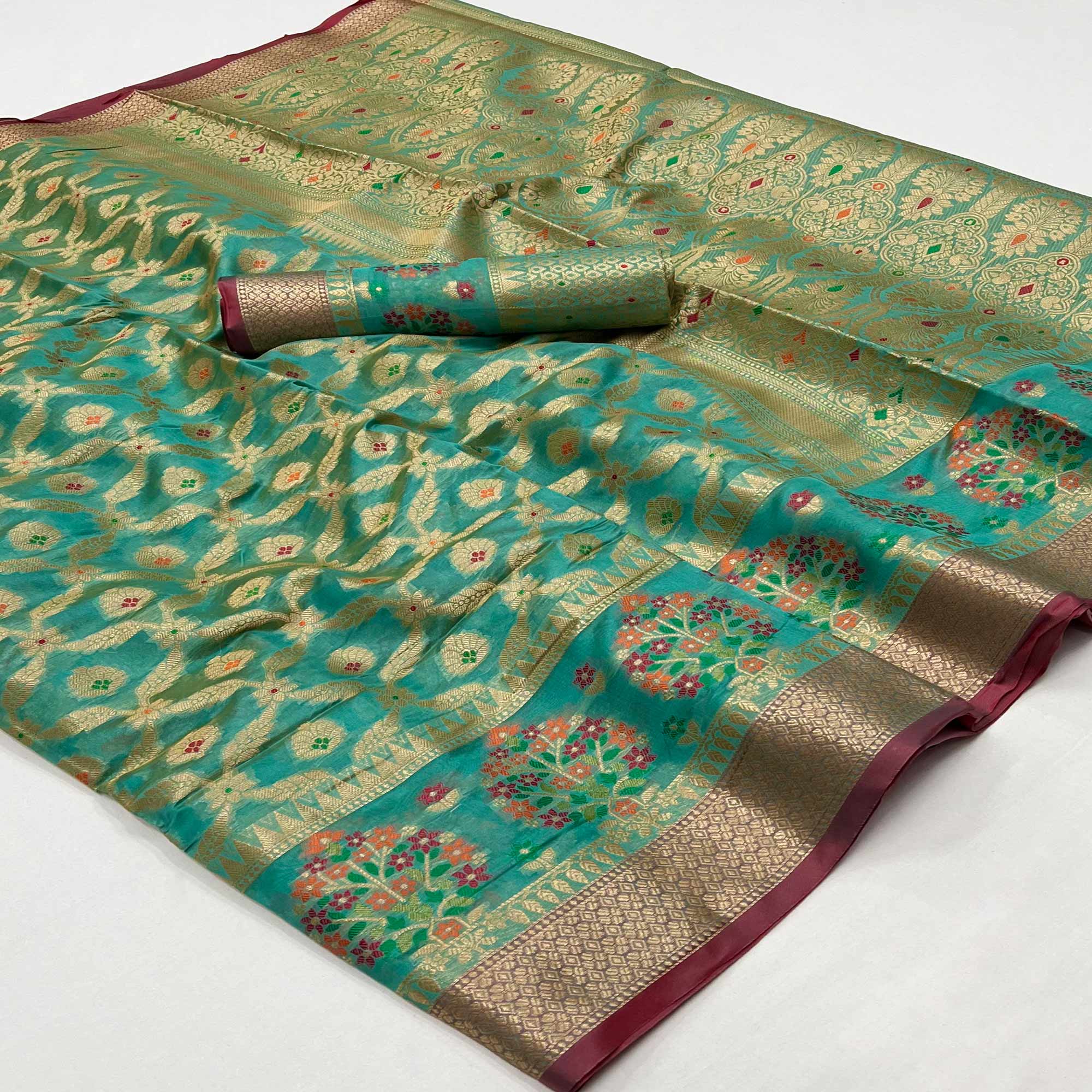 Rama Green Floral Woven Organza Saree