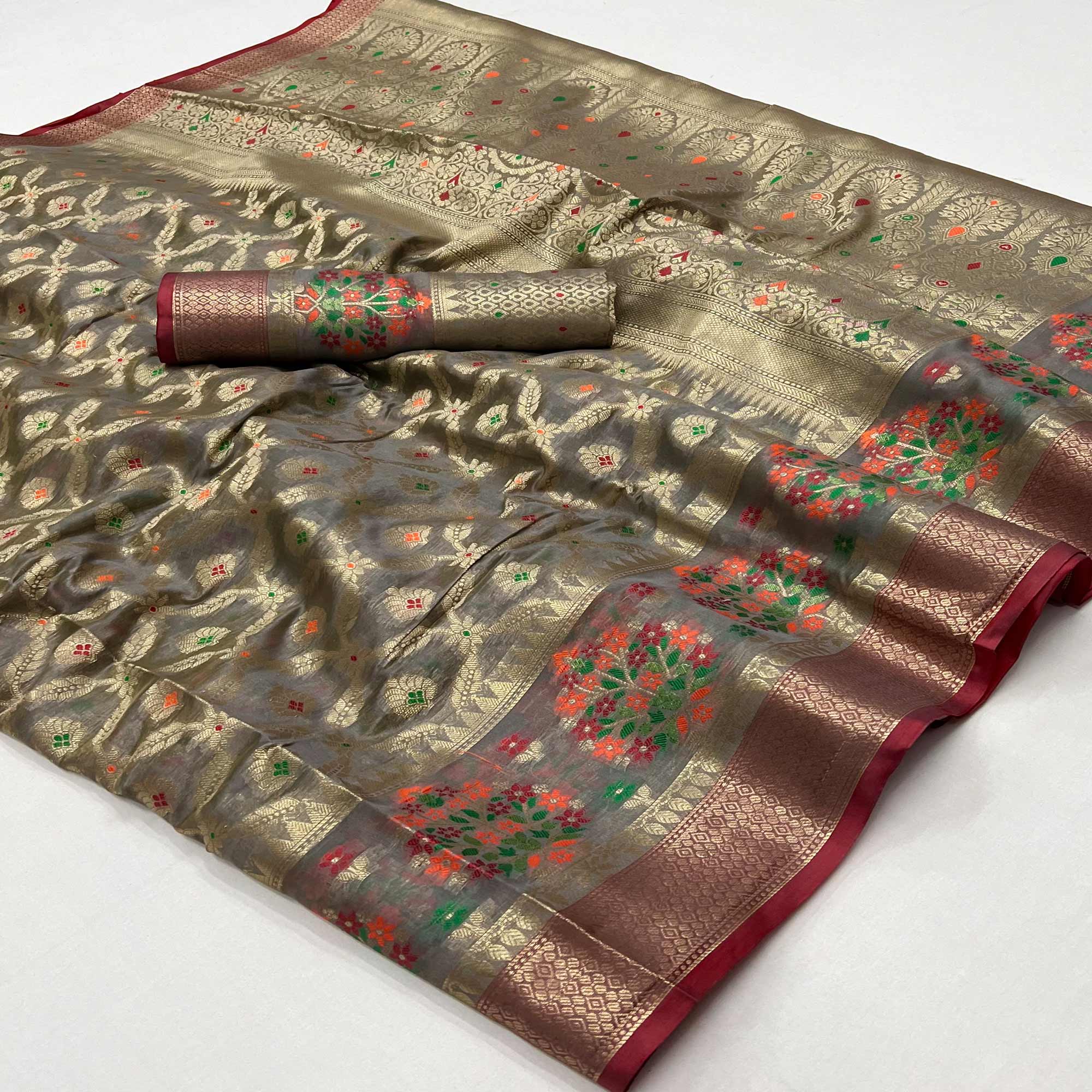 Grey Floral Woven Organza Saree