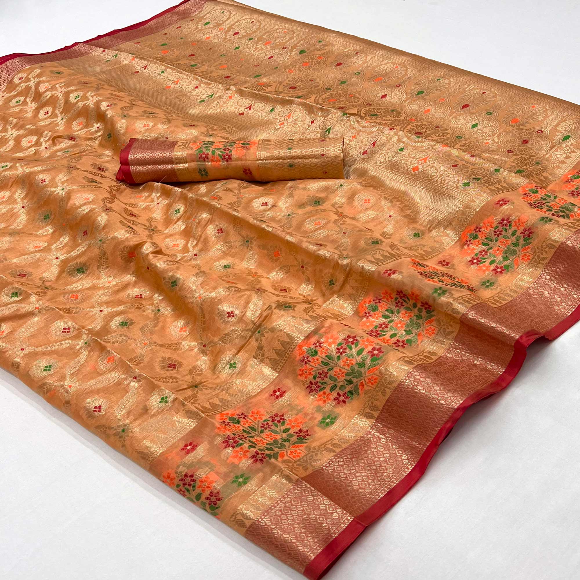 Peach Floral Woven Organza Saree