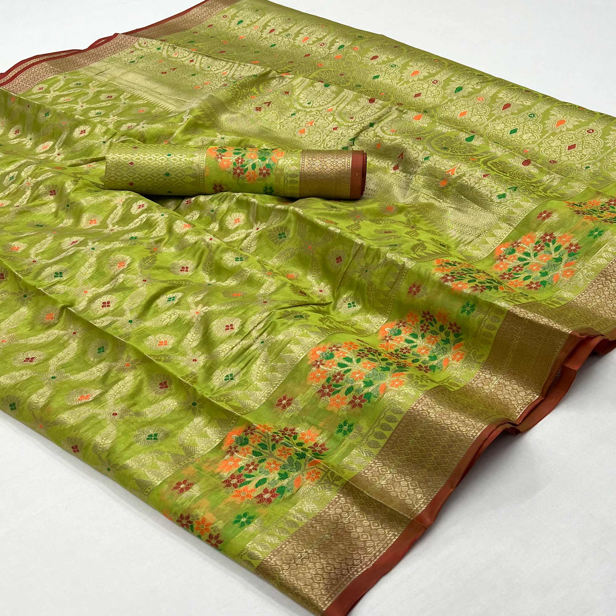 Green Floral Woven Organza Saree