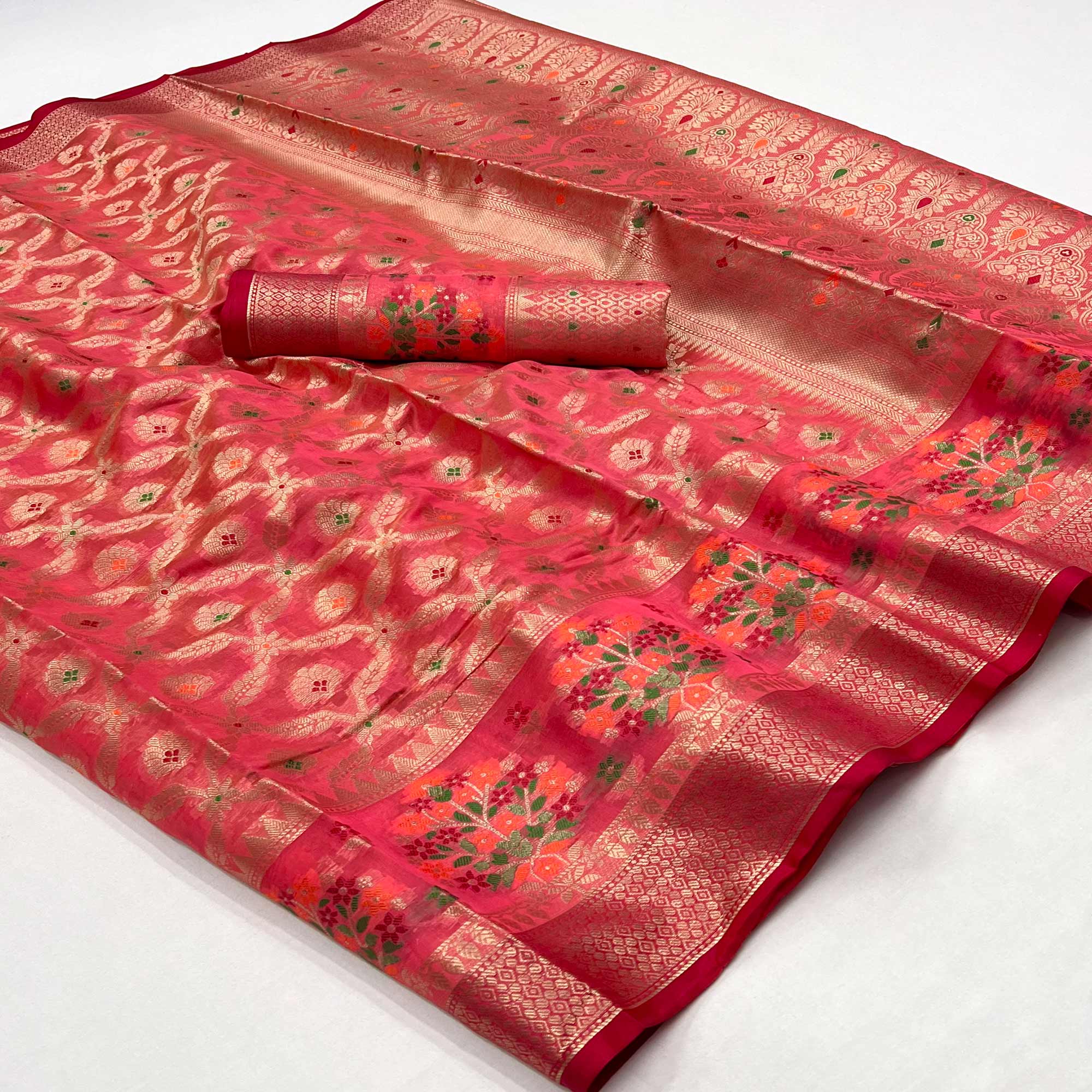 Pink Floral Woven Organza Saree