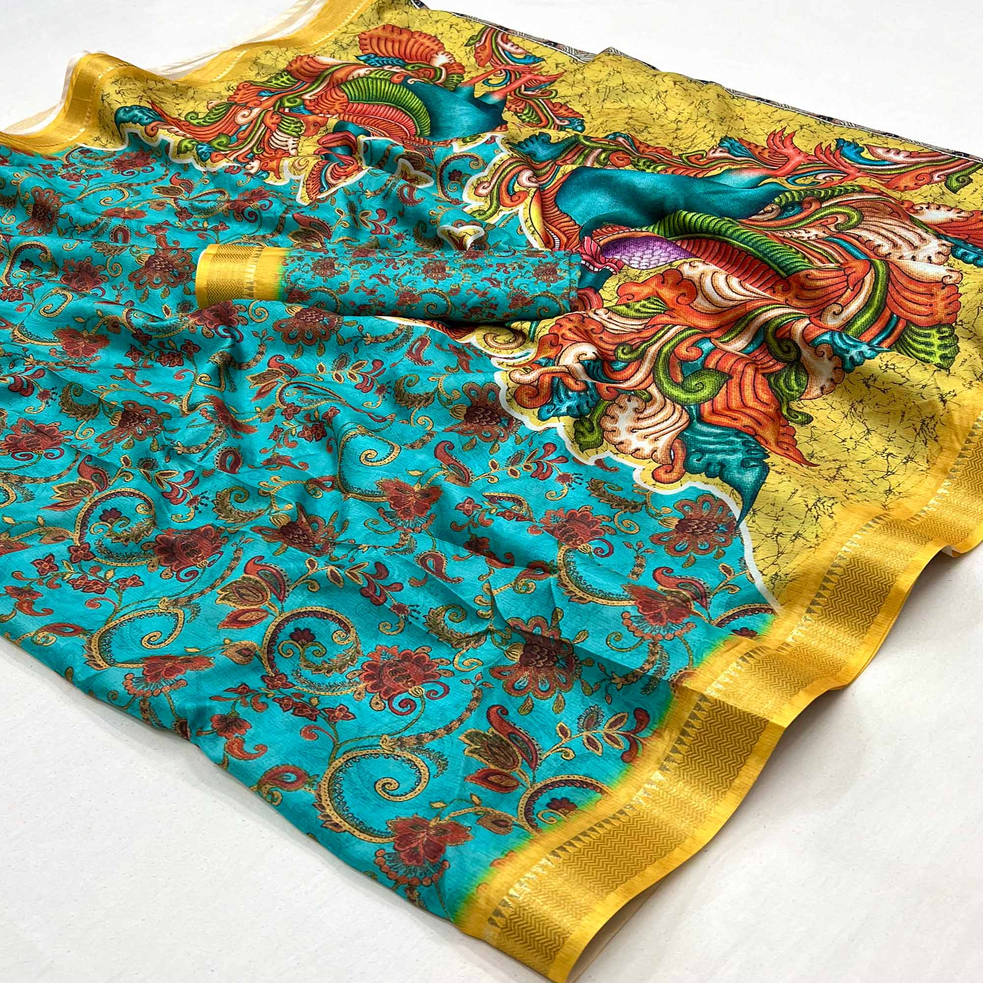 Blue Digital Printed Dola Silk Saree