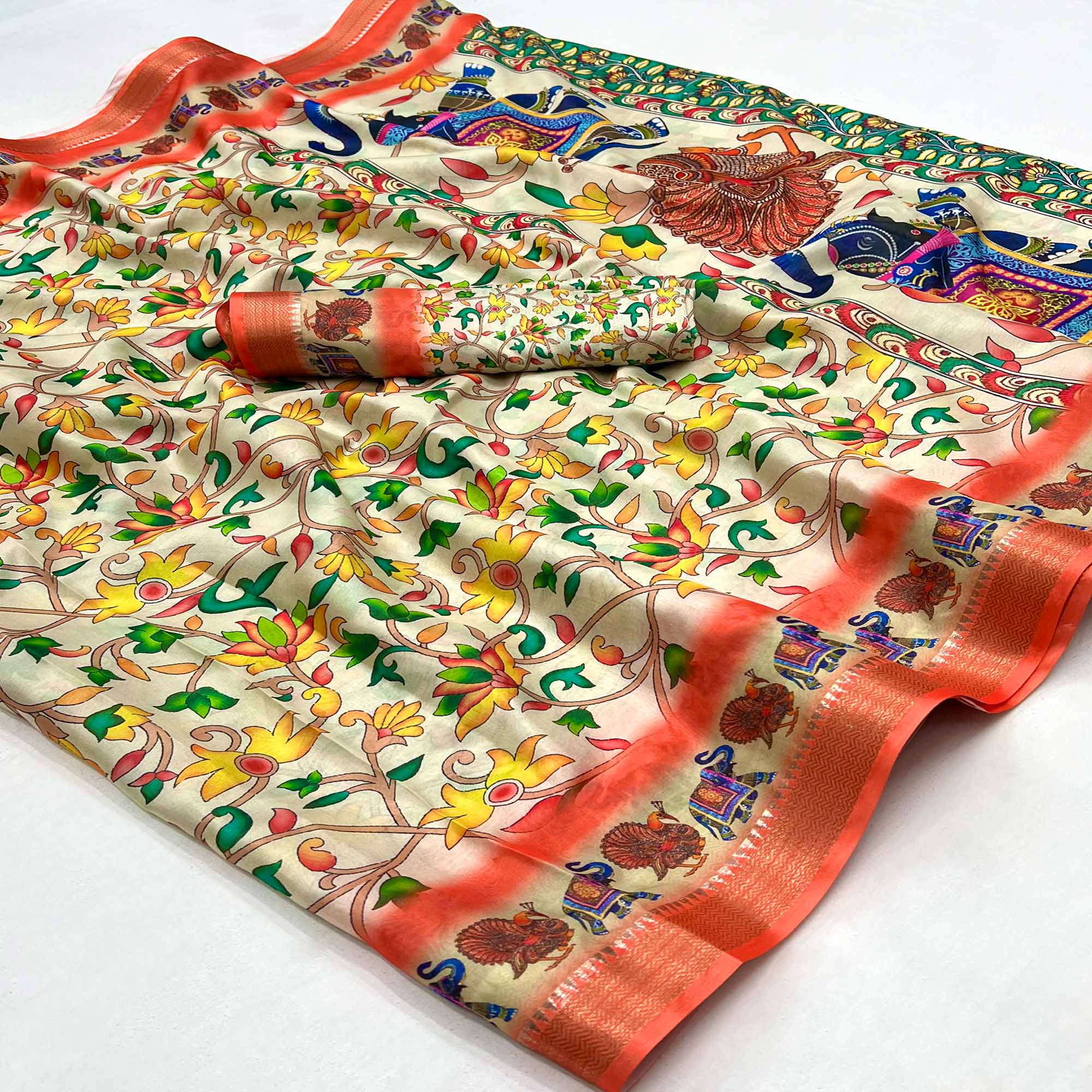 Off White Digital Printed Dola Silk Saree