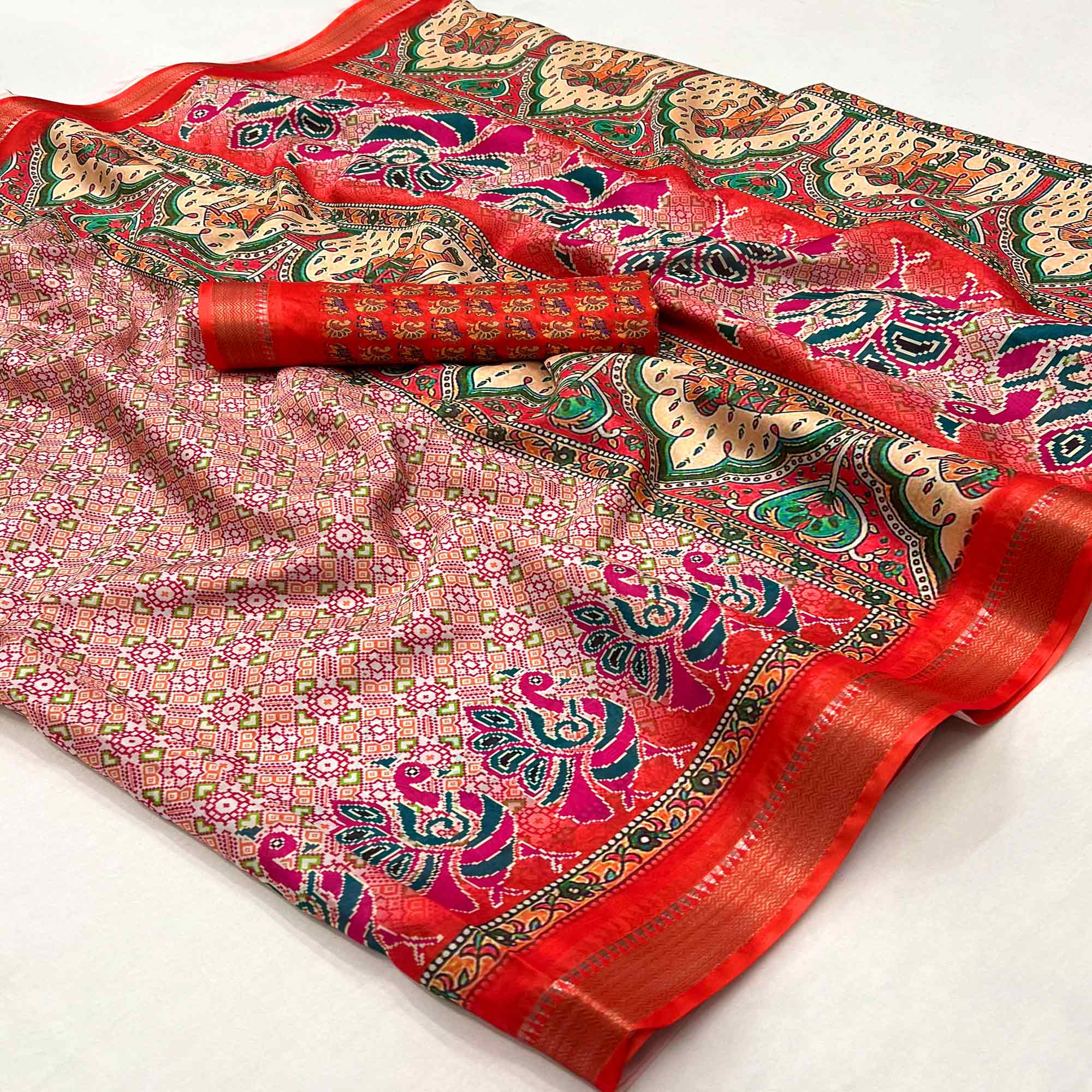 Red Digital Printed Dola Silk Saree