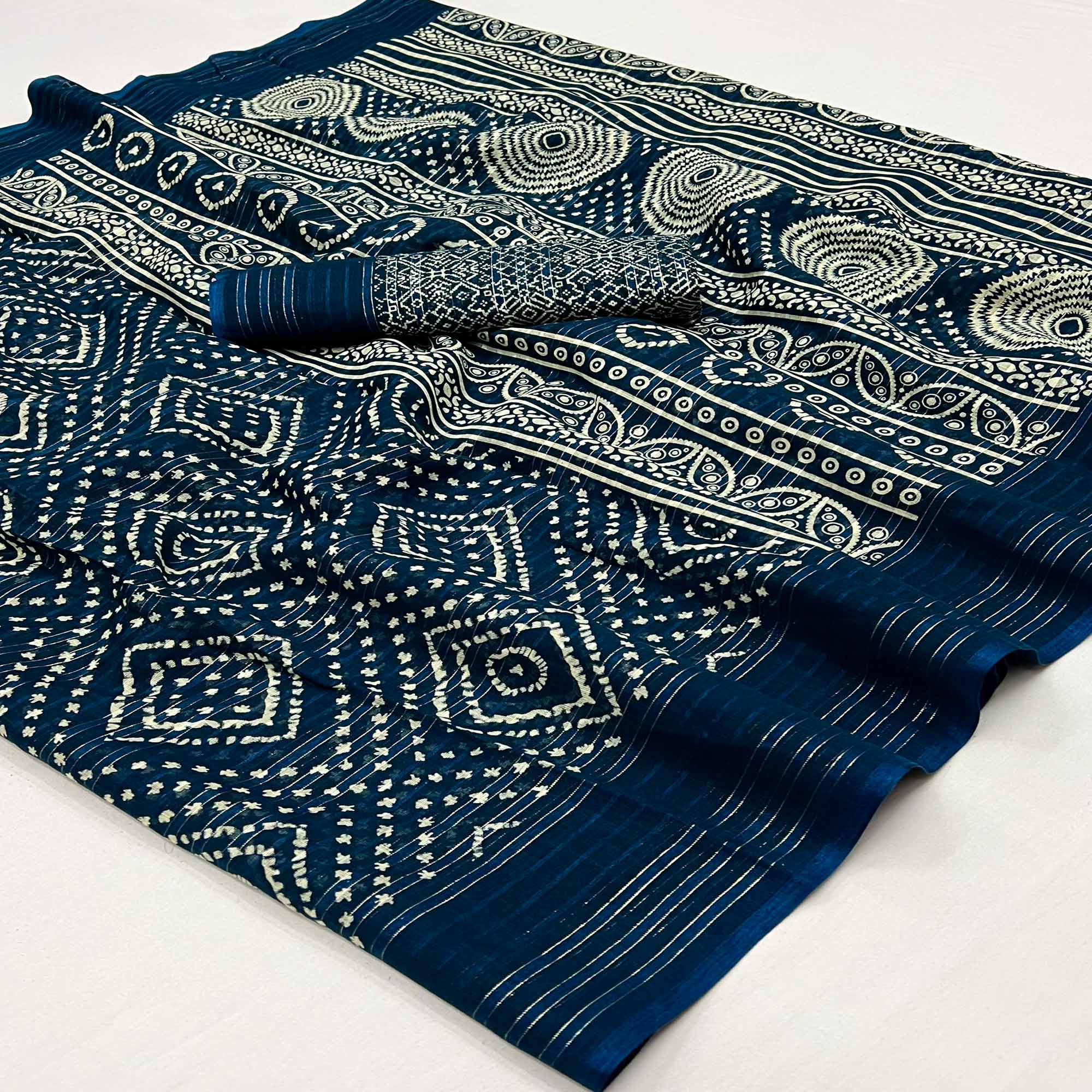 Blue Woven With Printed Linen Saree