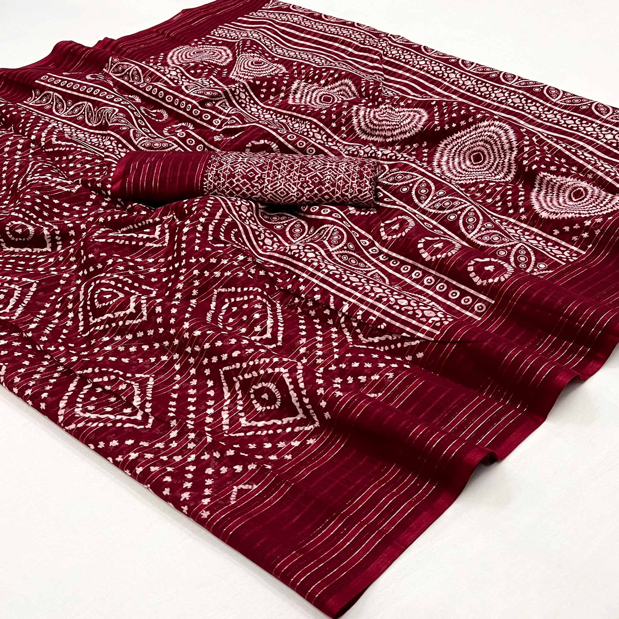Wine Woven With Printed Linen Saree