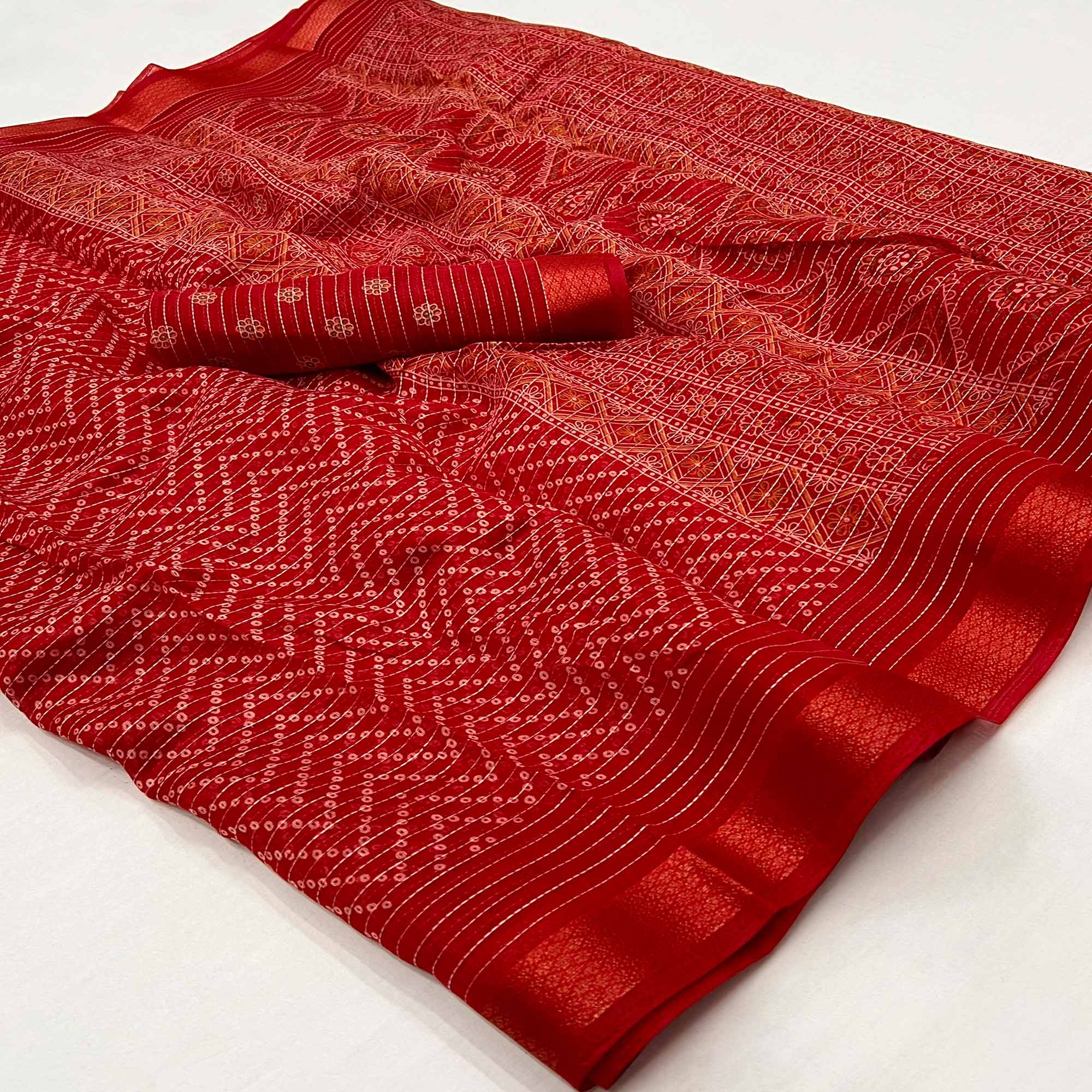 Red Bandhani Printed Linen Saree