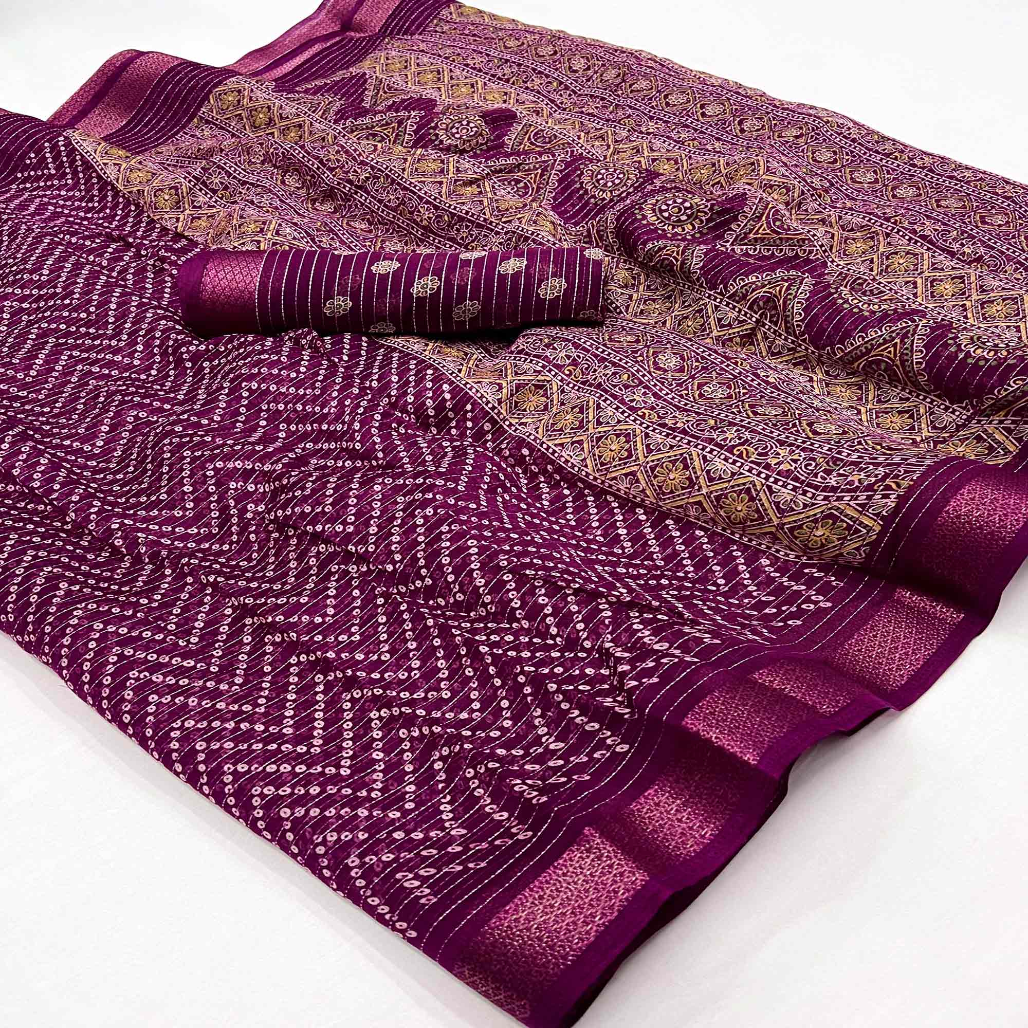 Purple Bandhani Printed Linen Saree