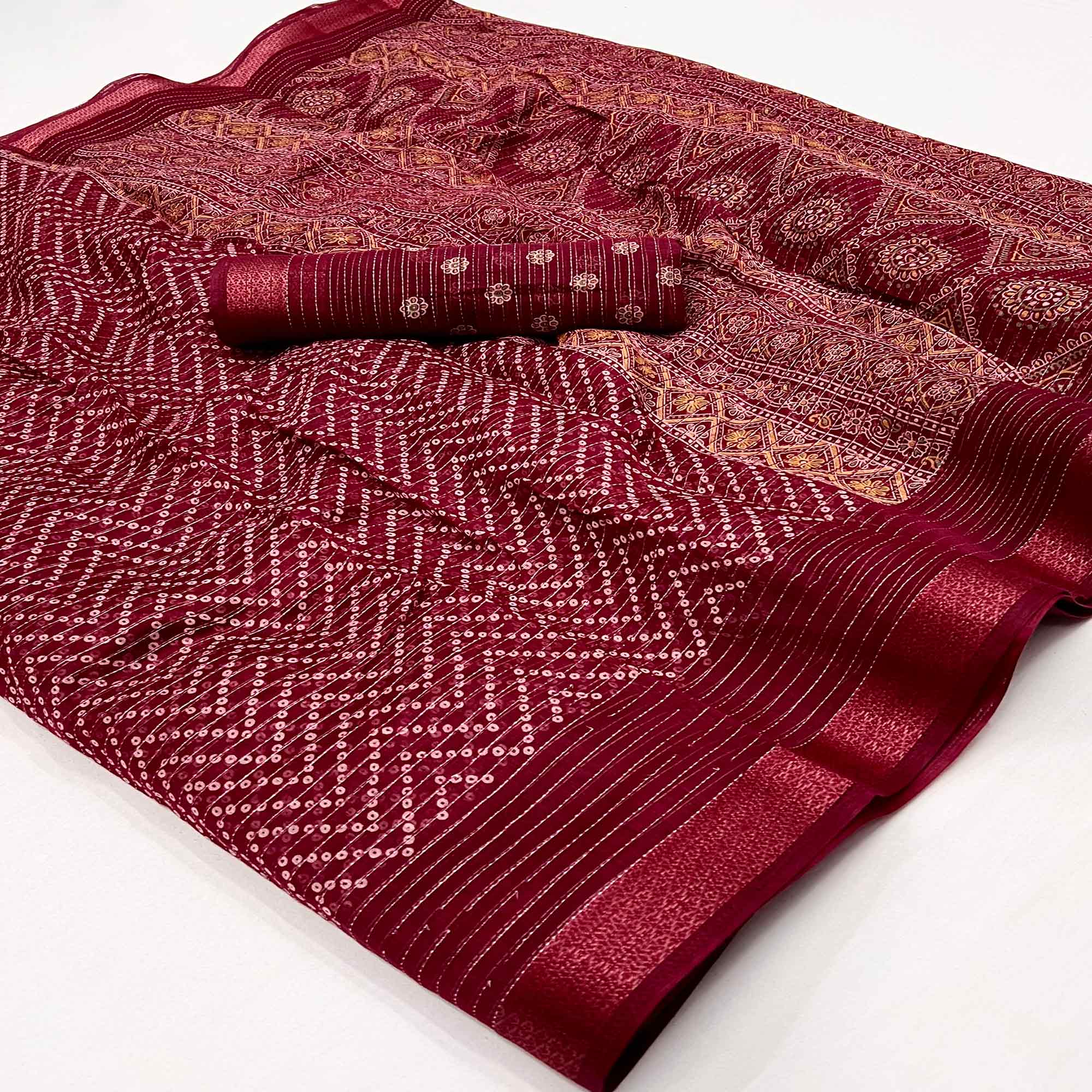 Maroon Bandhani Printed Linen Saree