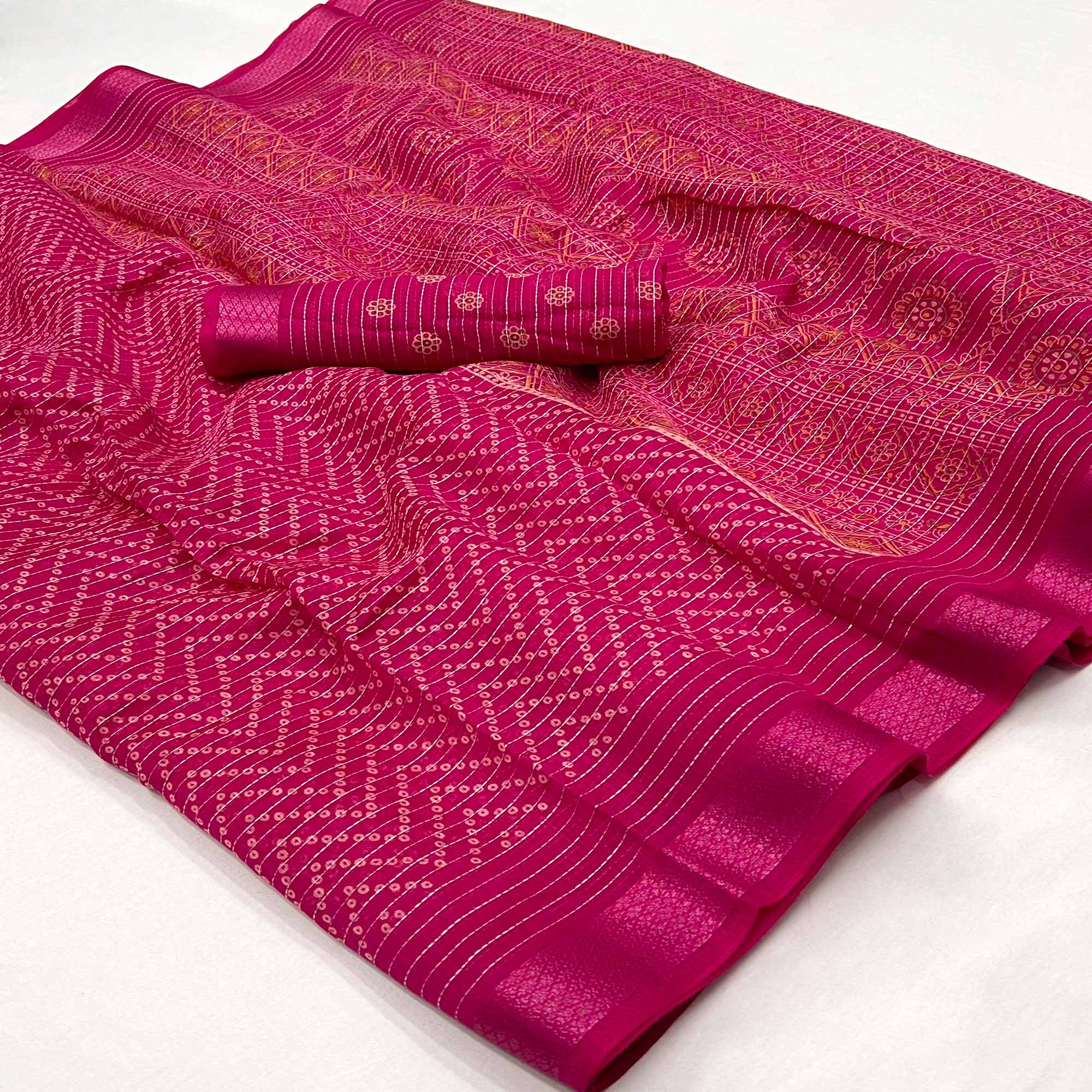 Rani Pink Bandhani Printed Linen Saree