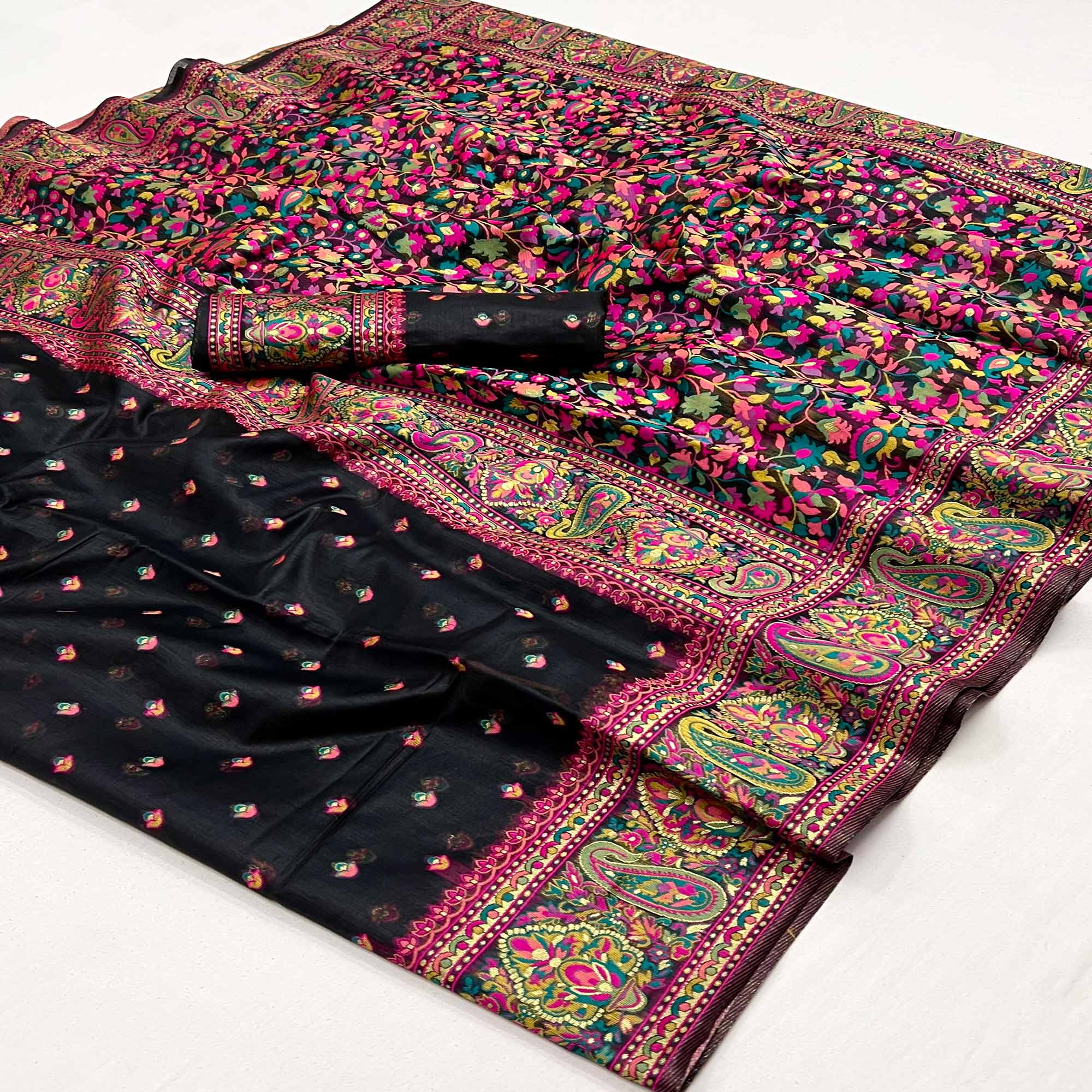 Black Floral Woven Pashmina Saree