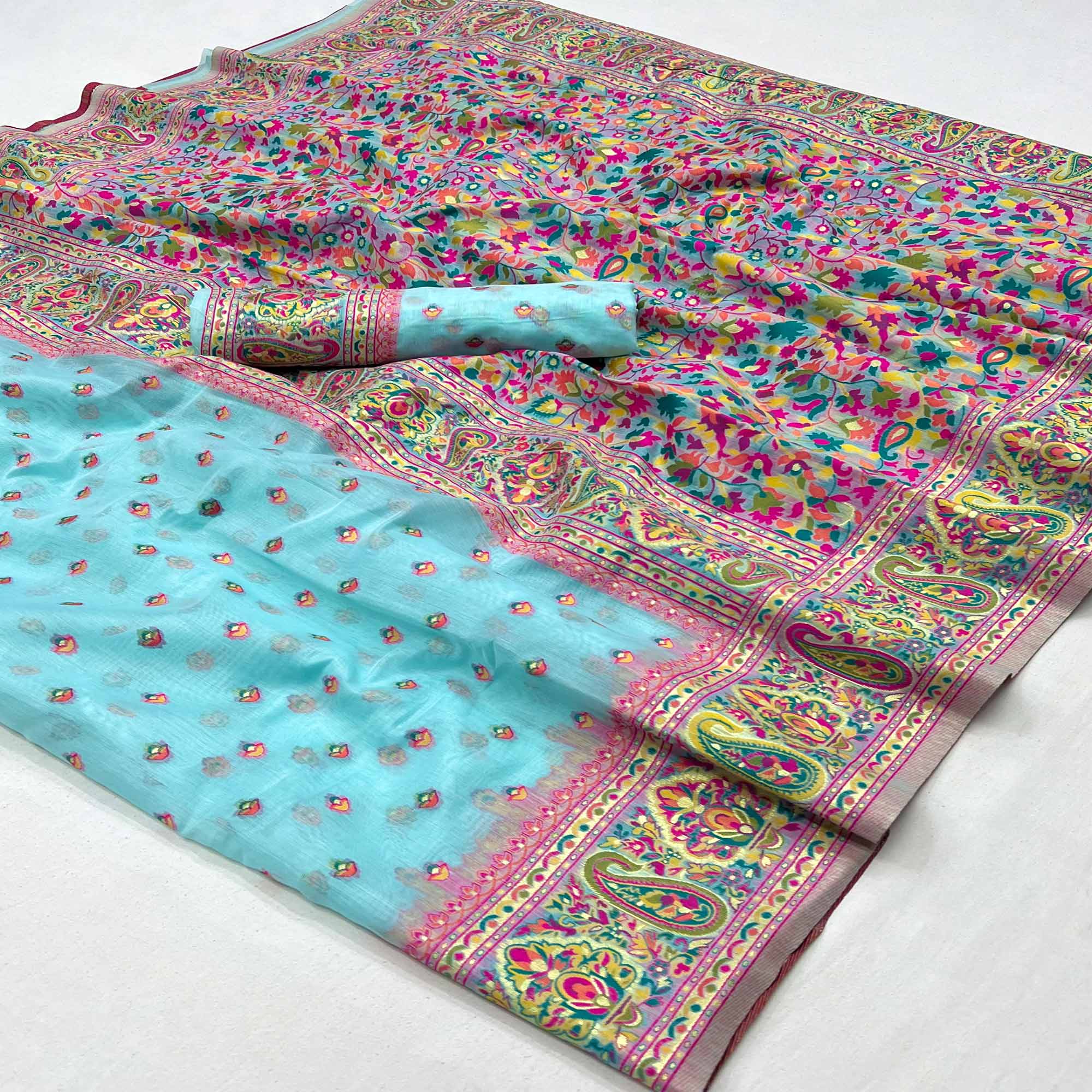 Sky Blue Floral Woven Pashmina Saree