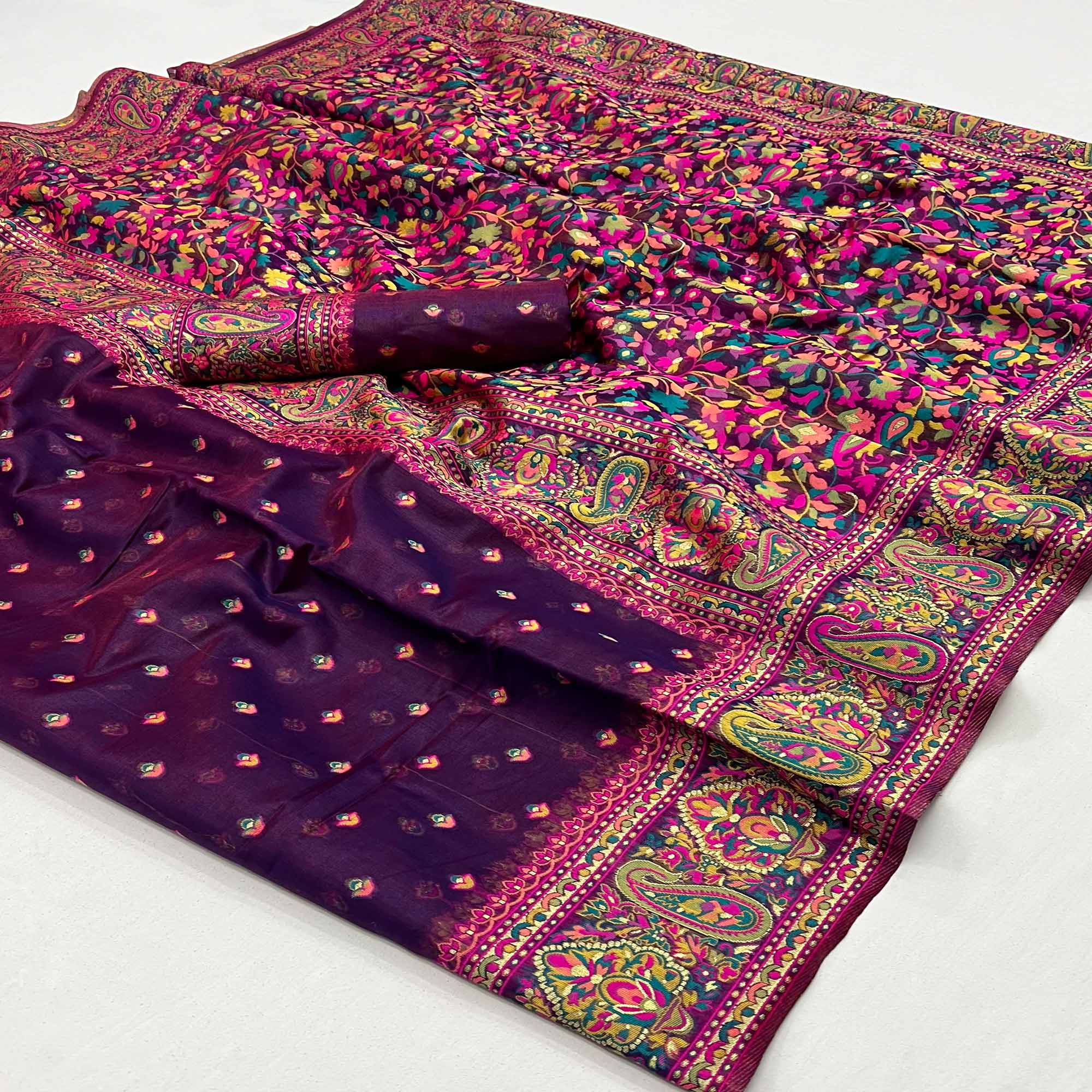 Purple Floral Woven Pashmina Saree