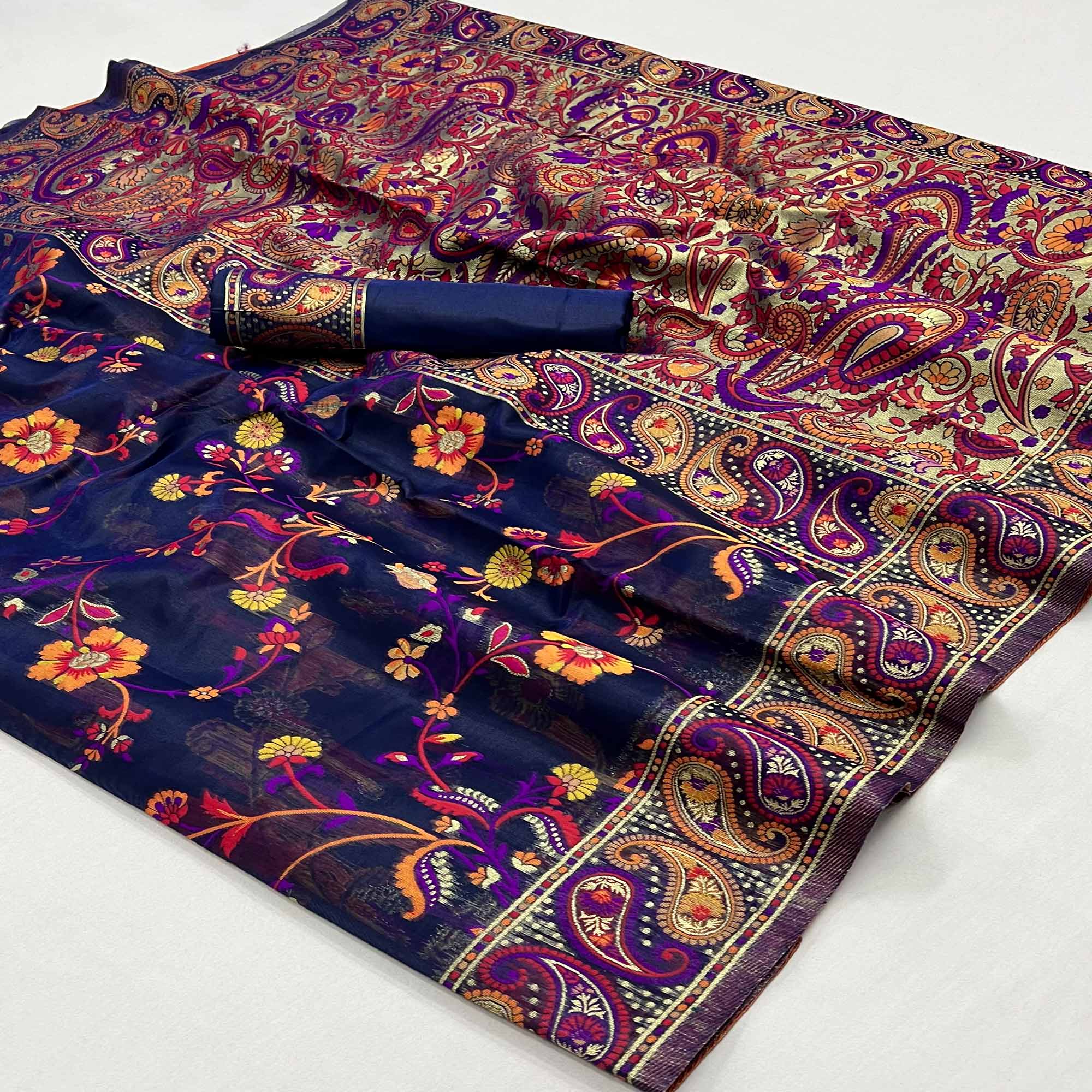 Navy Blue Floral Woven Pashmina Saree