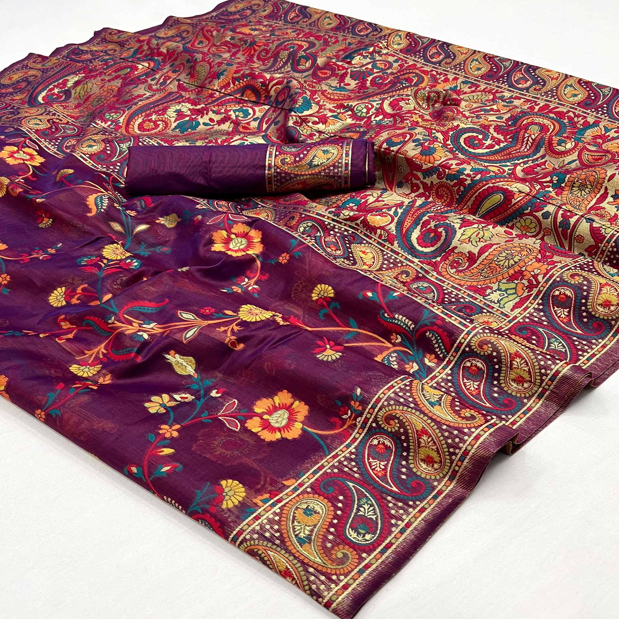 Purple Floral Woven Pashmina Saree