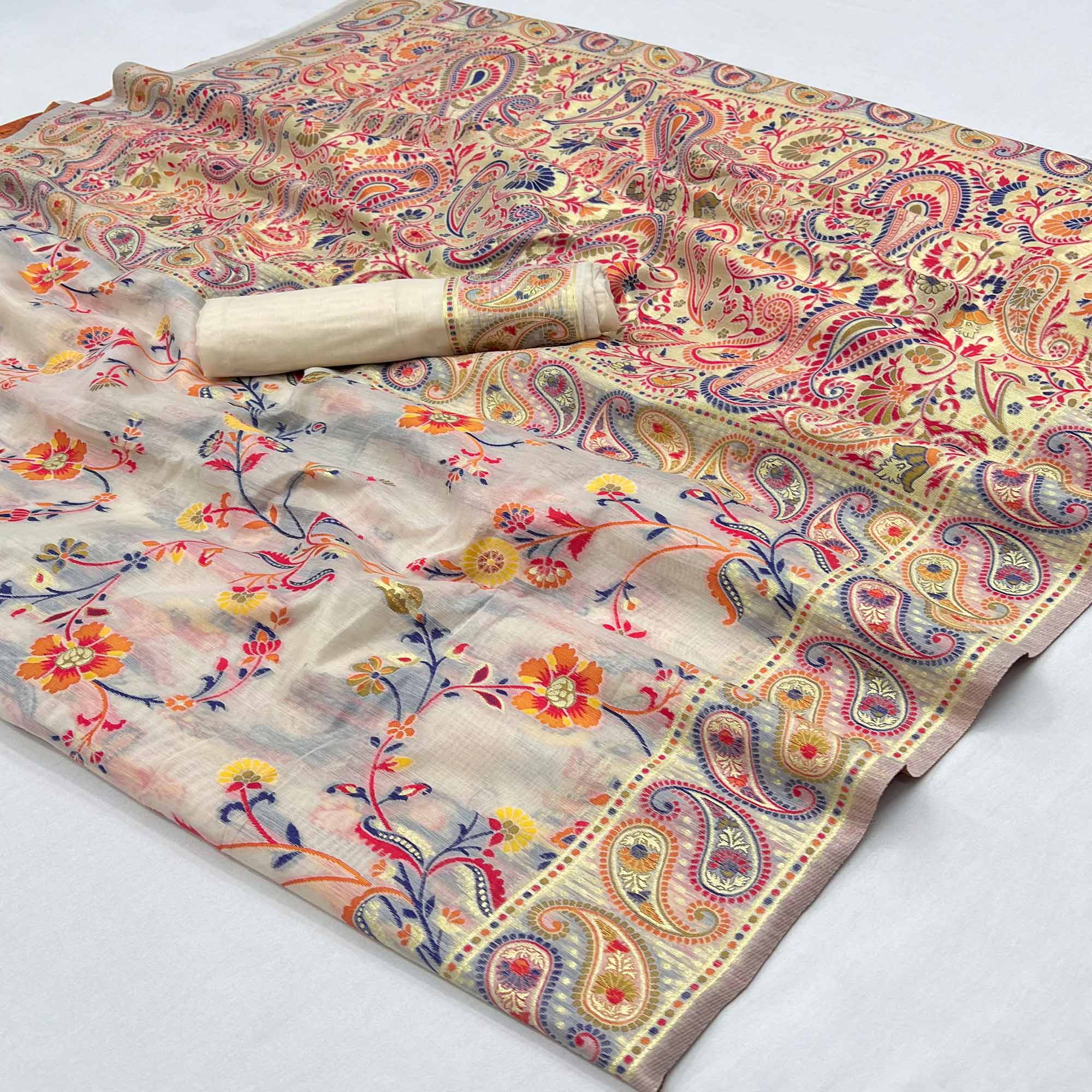 White Floral Woven Pashmina Saree