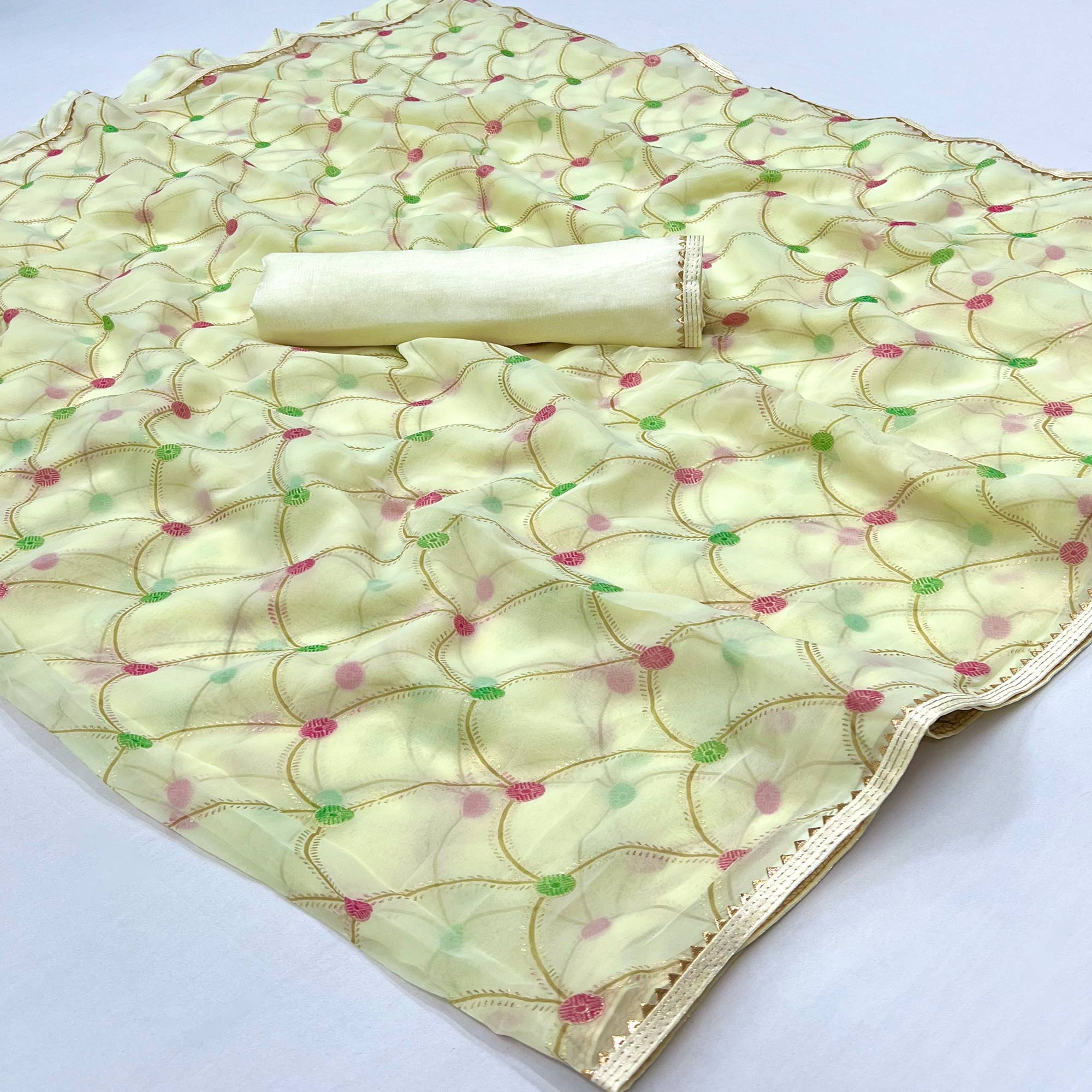 Cream Foil Printed Georgette Saree