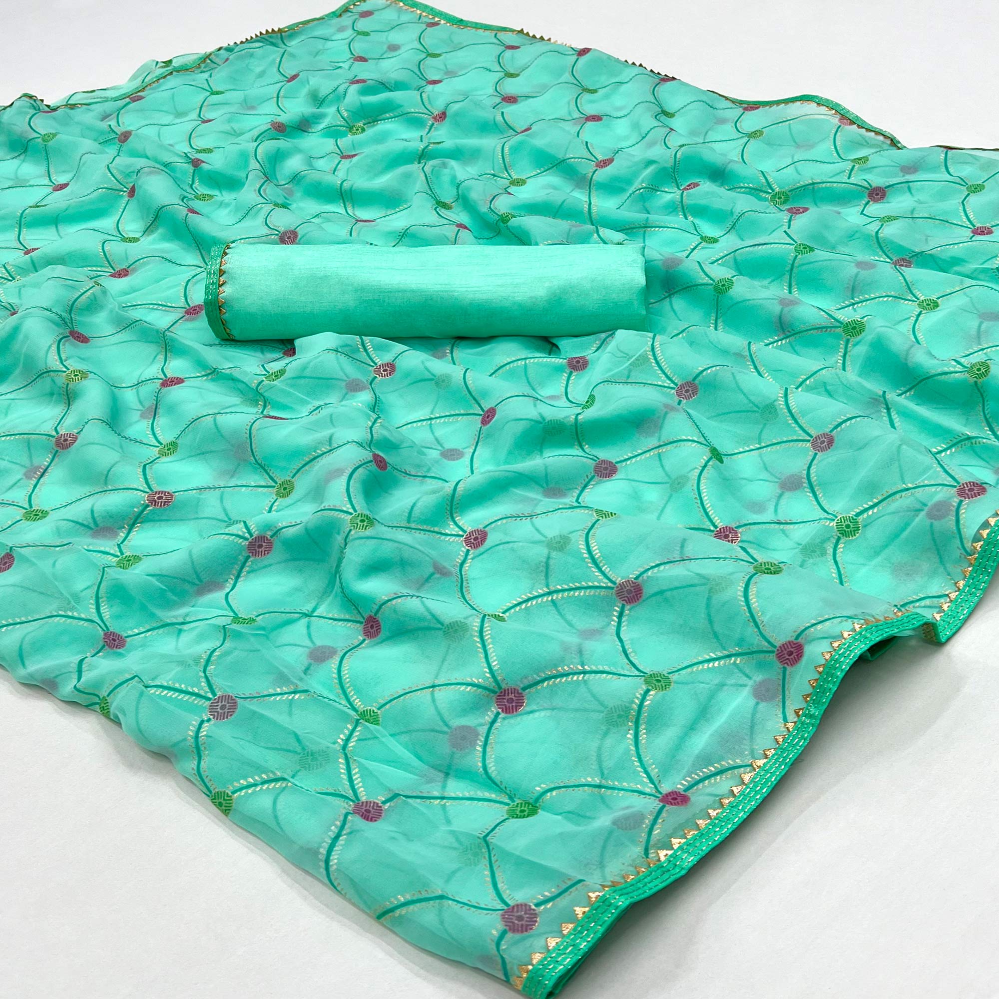 Turquoise Foil Printed Georgette Saree