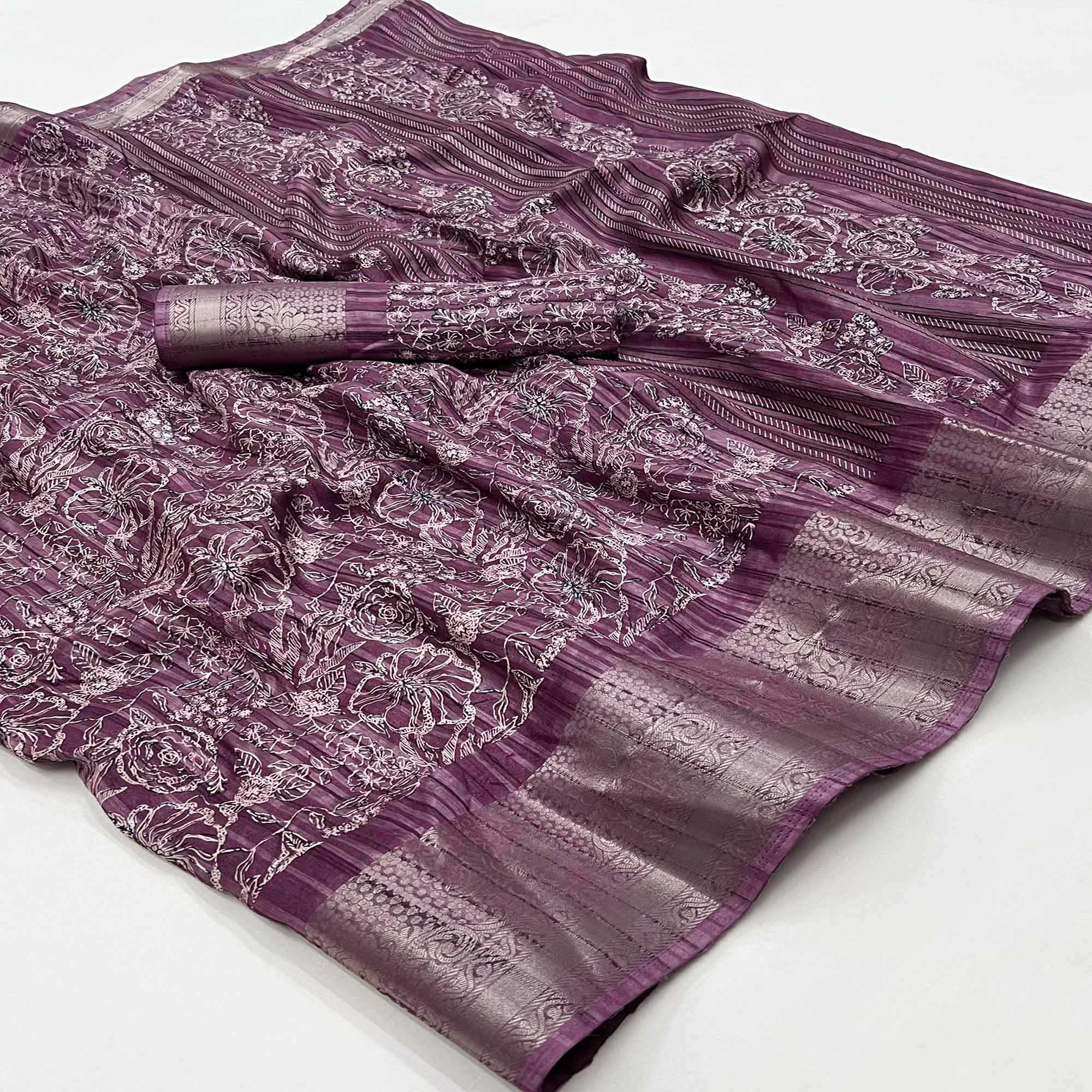 Wine Floral Printed Cotton Blend Saree