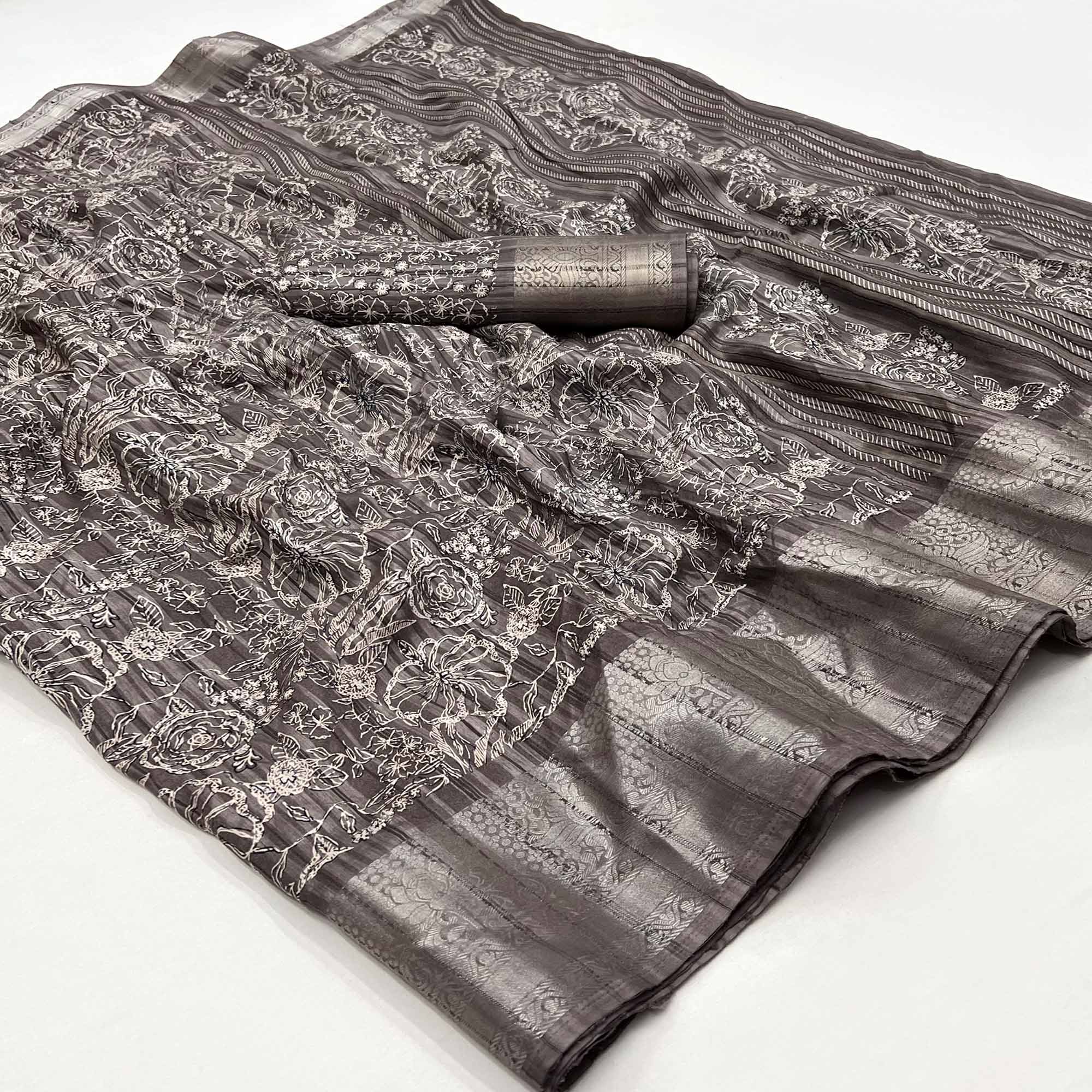 Grey Floral Printed Cotton Blend Saree