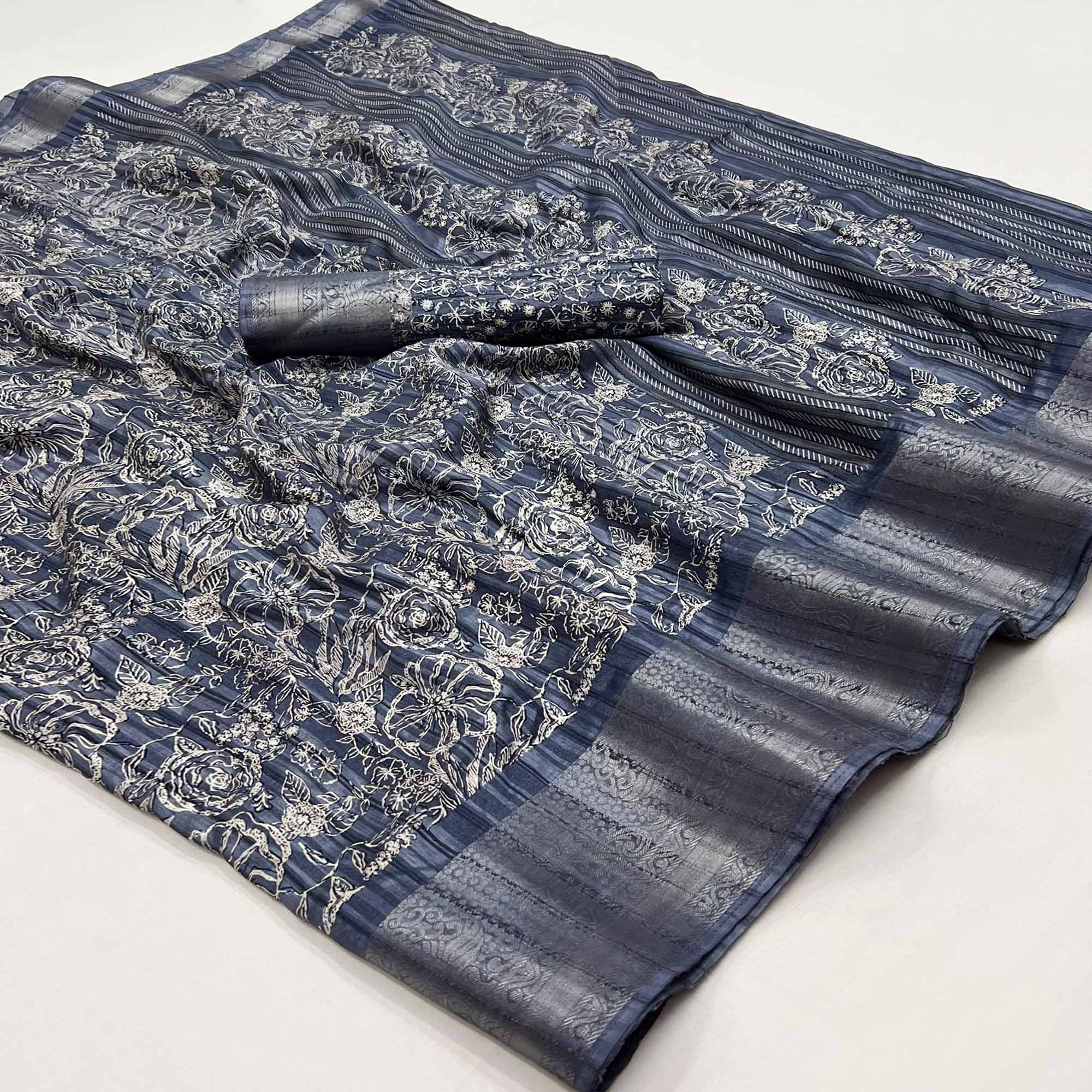 Blue Floral Printed Cotton Blend Saree
