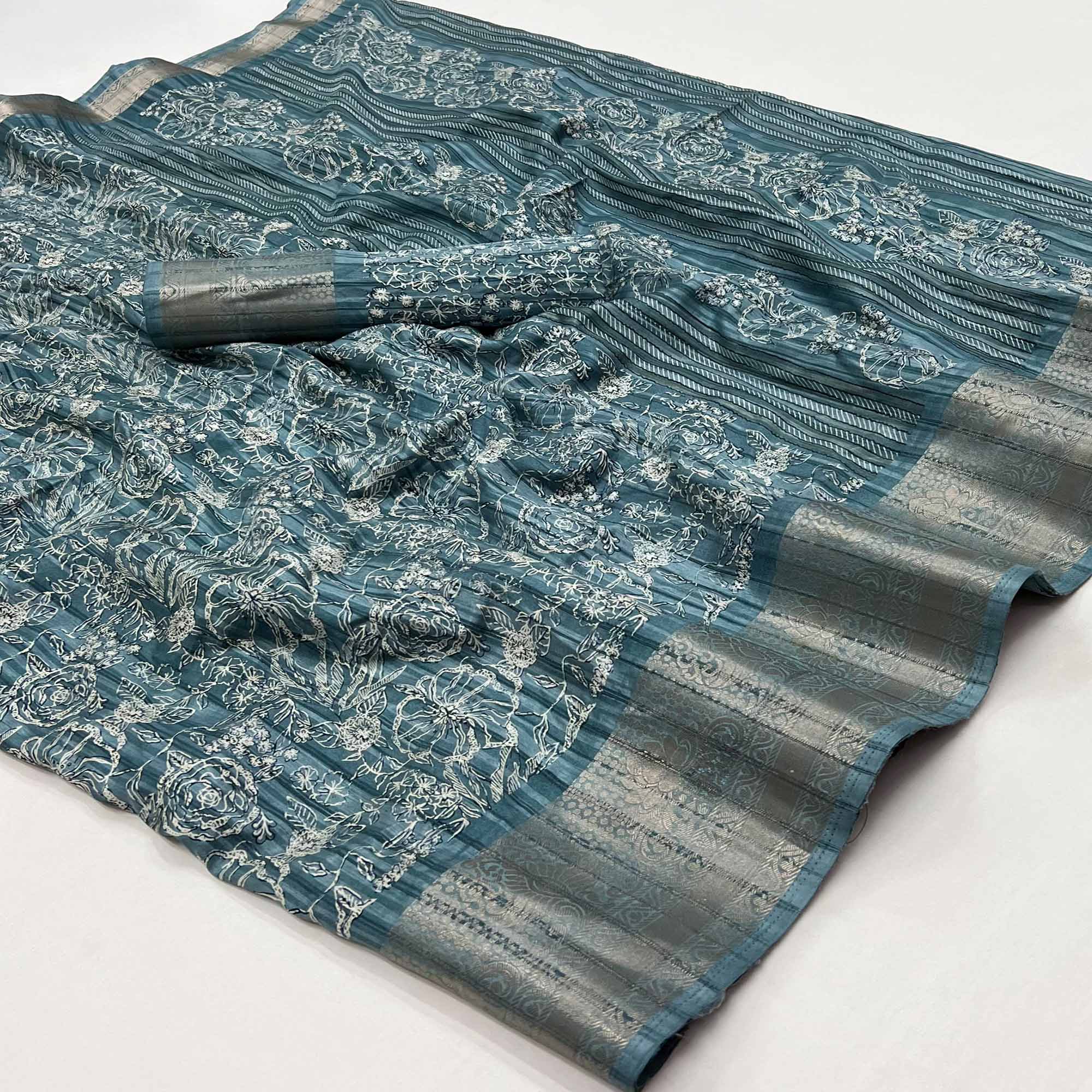 Teal Floral Printed Cotton Blend Saree