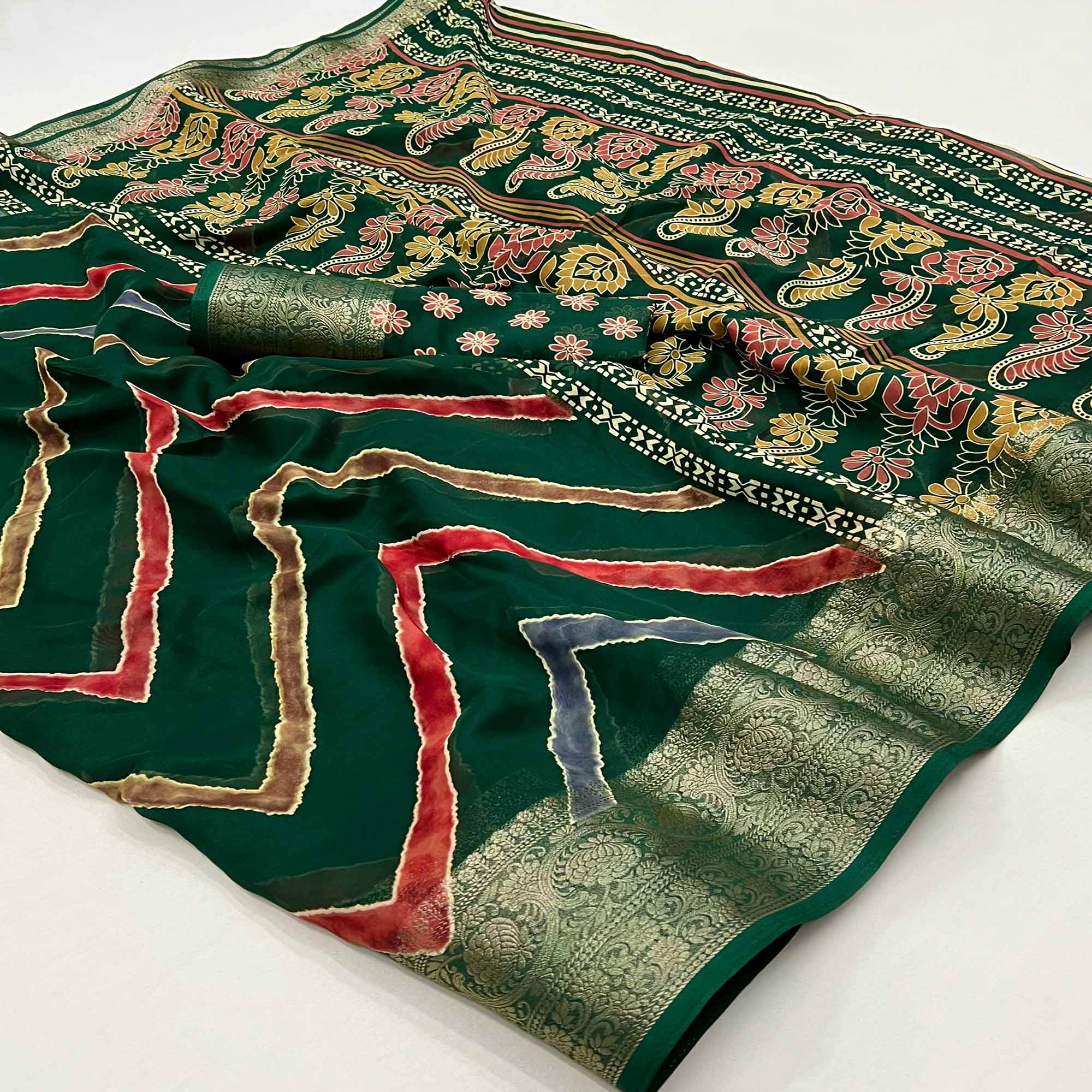 Green Printed Georgette Saree Woven Border