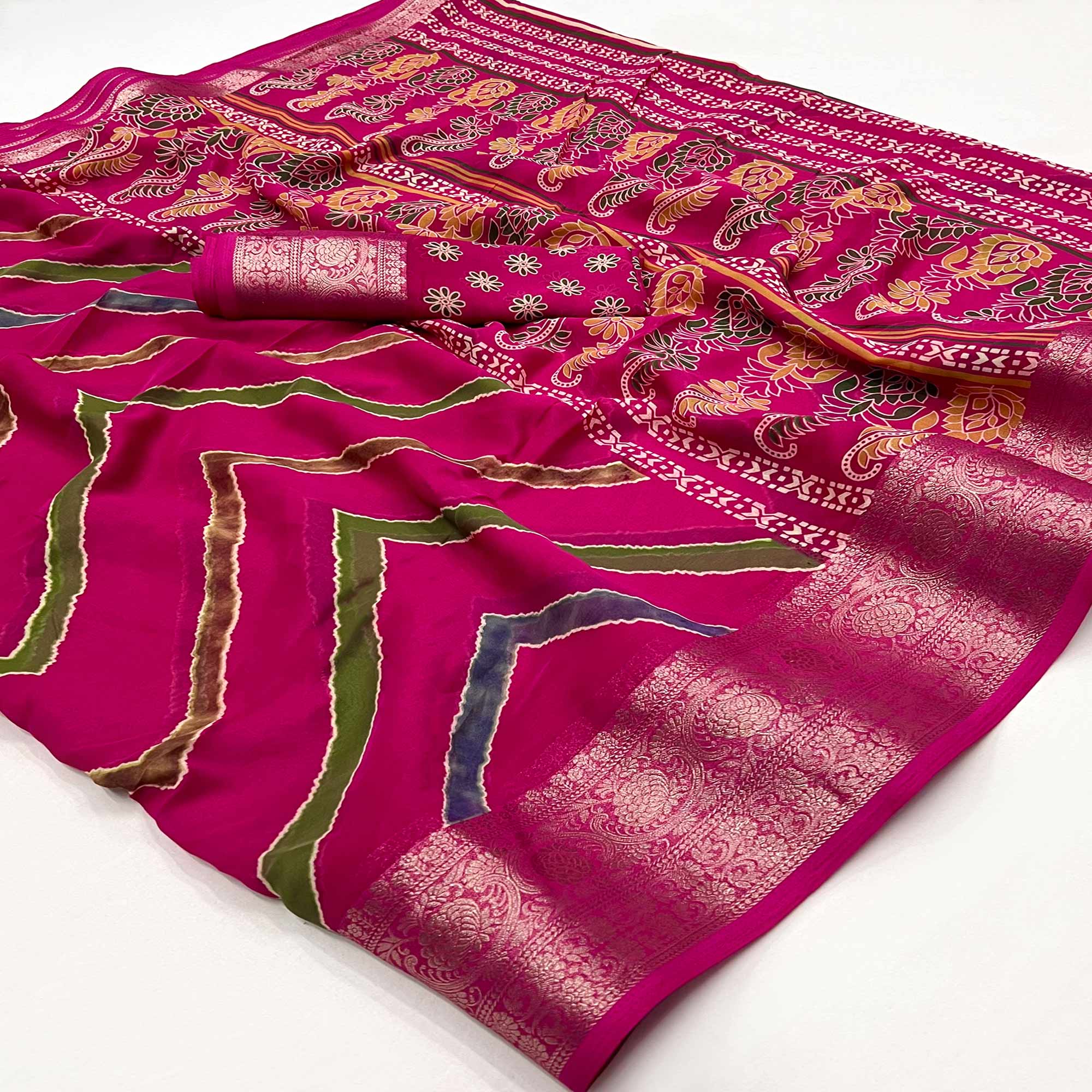 Rani Pink Printed Georgette Saree Woven Border