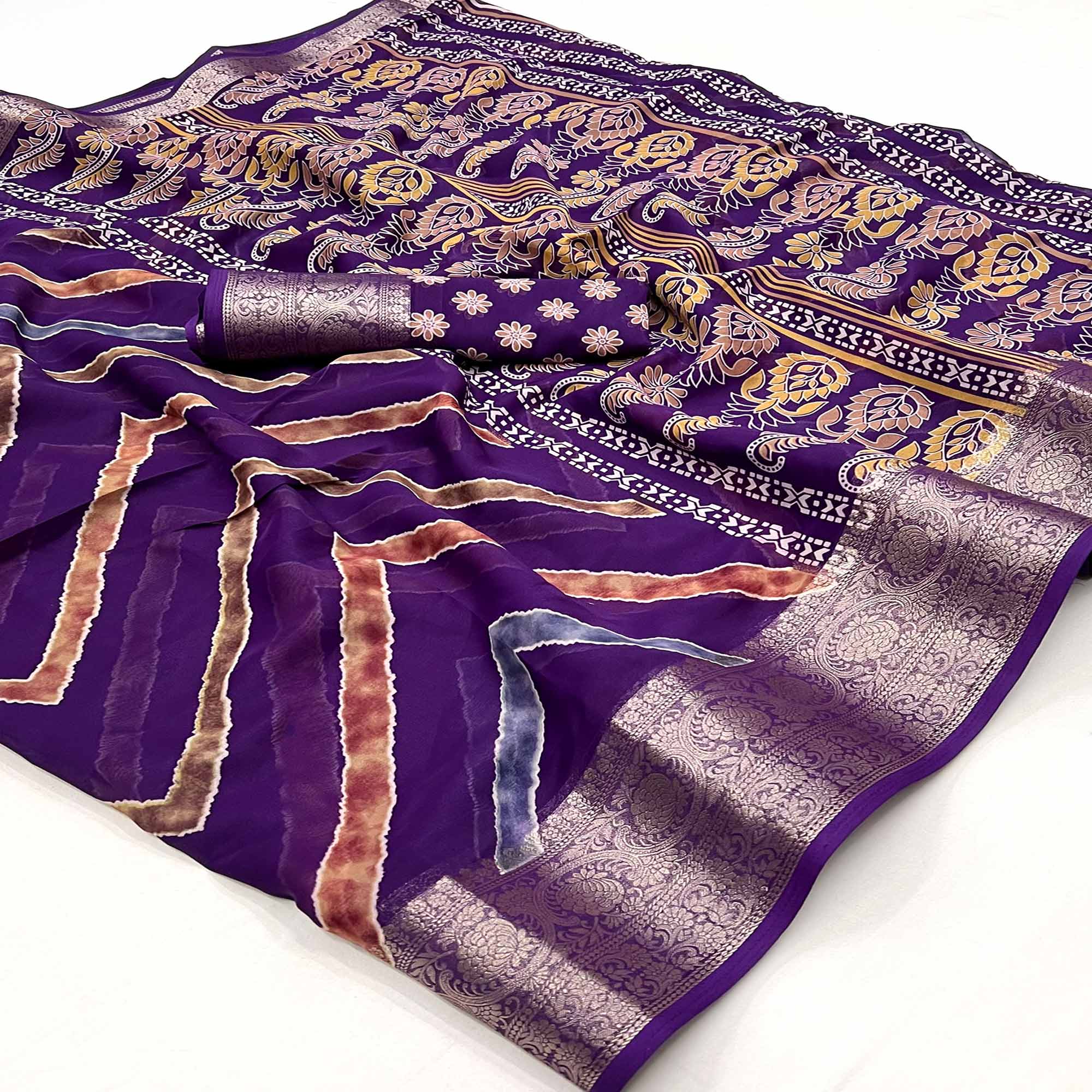 Purple Printed Georgette Saree Woven Border